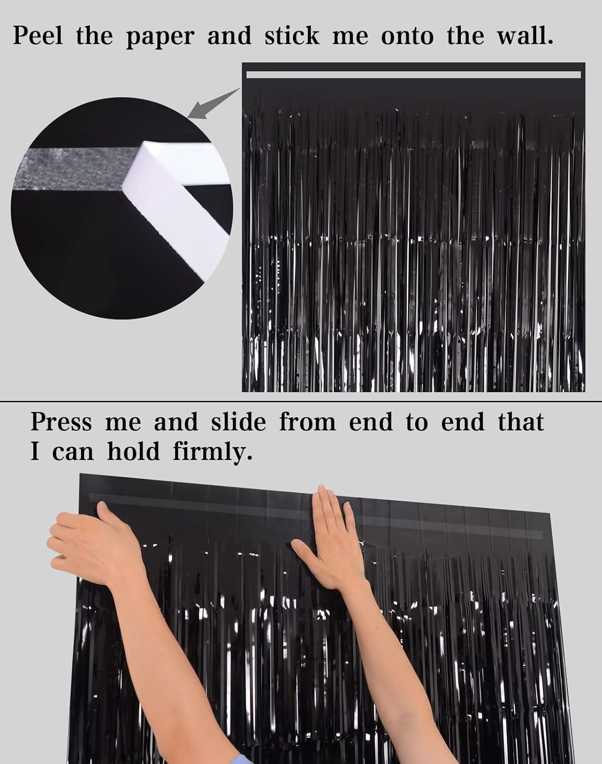 Halloween Party Decorations Indoor for Adults, Melsan 3.2 x 8 ft Black Streamer Tinsel Photo Backdrop for Birthday, Graduations, Fiesta, Halloween Decorations - Pack of 2