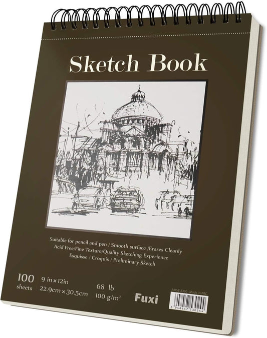 Fuxi 9" x 12" Sketch Book, Top Spiral Bound Sketch Pad, 100 Sheets 68lb/100gsm Acid-Free Drawing Paper, Art Sketchbook for Drawing Pad for Kids Artists & Beginners Professional Art Supplies for Adults