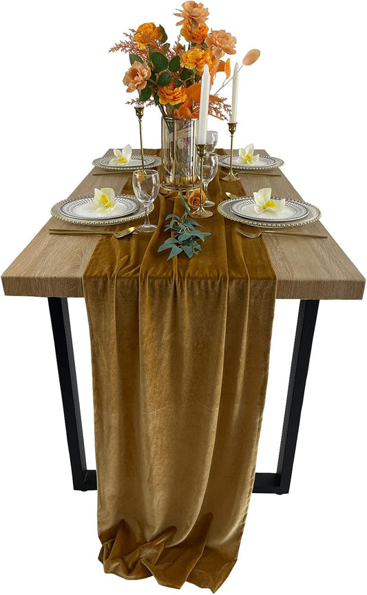 Luxurious Velvet Table Runner, 10ft Wedding Reception Decorations, 20x120inch Soft Velvet Fabric, Table Linen Overlay, Wedding Table Runners (Gold, 20X120inch)
