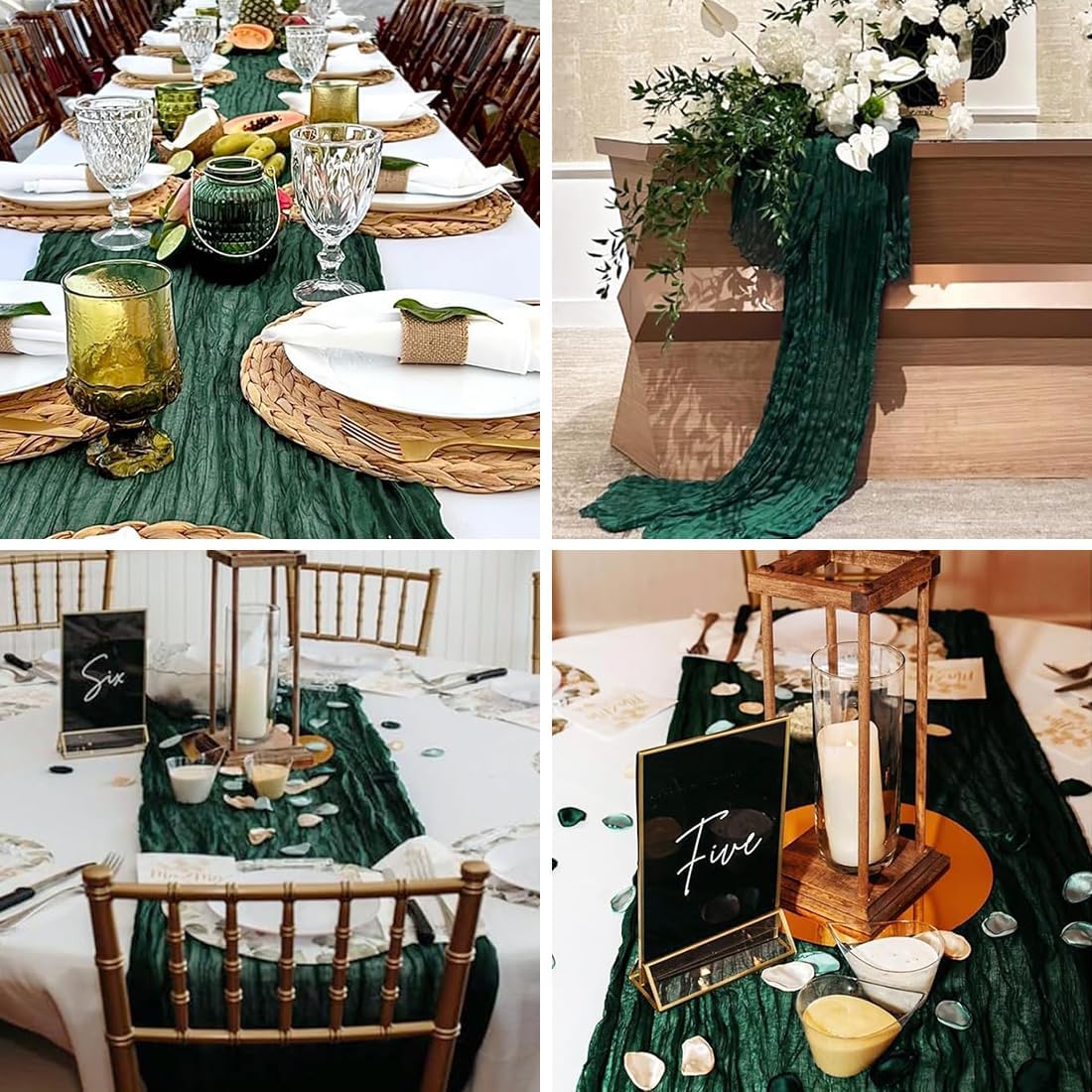 10 Pack Blackish Green Cheesecloth Table Runner -21*120Inch Long Boho Wedding Table Decor, Rustic Gauze Fabric Runner for Bridal Showers, Baby Showers & Parties (Sheer, Lightweight, Wrinkled Design)