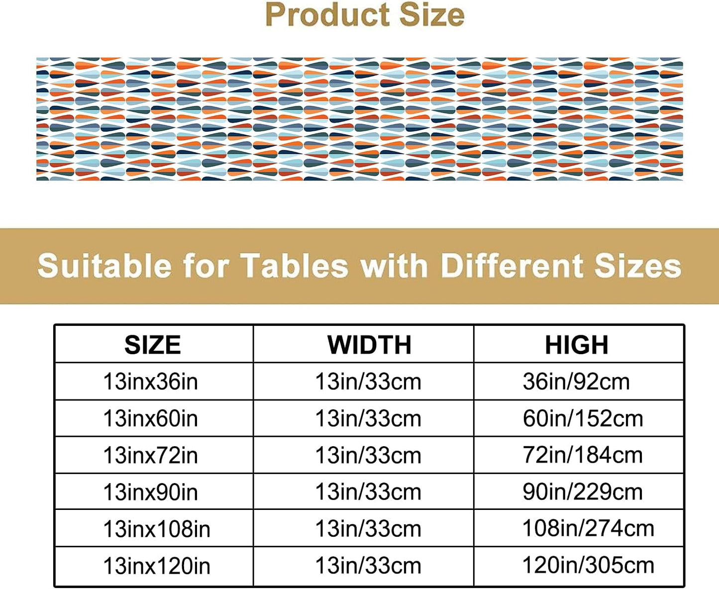Mid Century Table Runner, Modern Style Retro Pattern Droplet Shapes Mosaic Tones Pattern Print for Home Kitchen Table Decor Dining Coffee Room Party Decor 13x60in