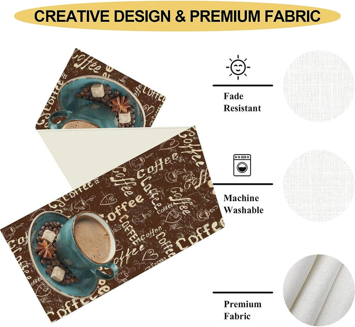 Coffee Theme Table Runner, Farmhouse Retro Brown Coffee Cup Tea Party Rustic Cafe Table Center Decor for Home Kitchen Dining Patio Holiday Party Indoor Outdoor Table Decorations,13"x36" Inch