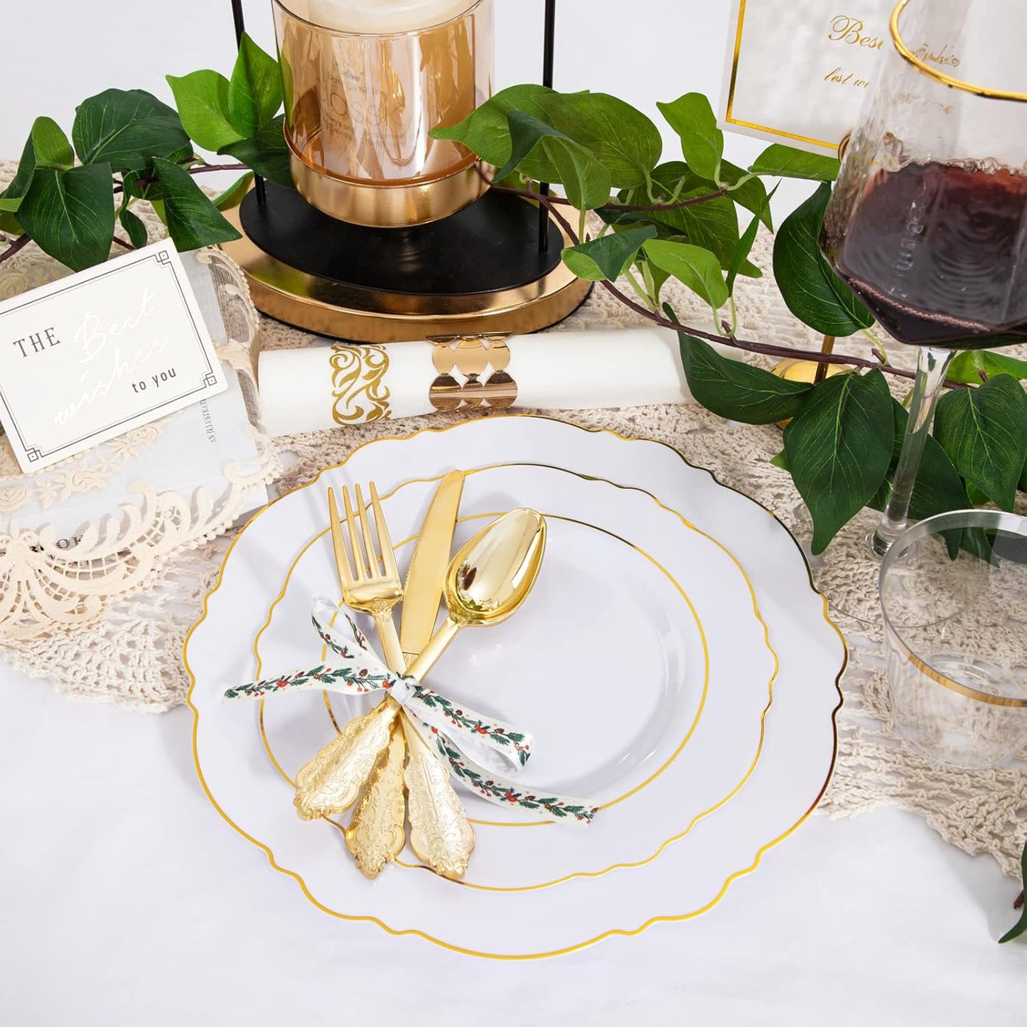 350 Pieces Gold Disposable Plates for 50 Guests, Plastic Plates for Party, Dinnerware Set of 50 Dinner Plates, 50 Salad Plate, 50 Spoons, 50 Forks, 50 Knives, 50 Cups for Thanksgiving