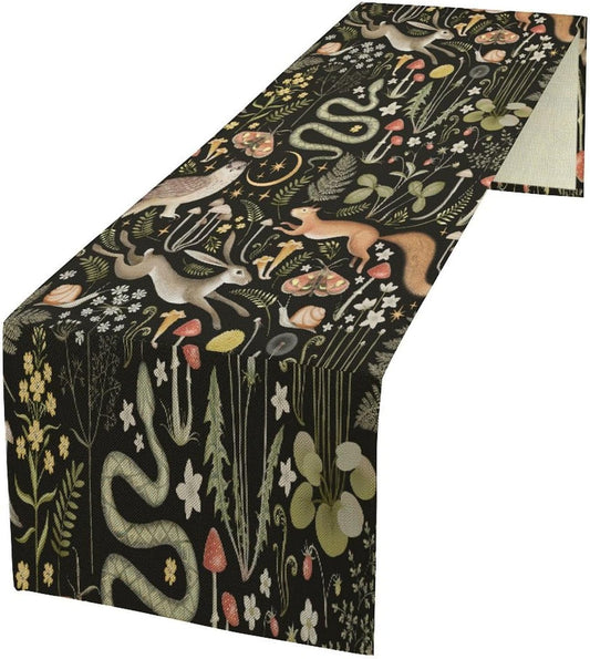 Mushroom Table Runner,Vintage Boho Forest Wild Animal Wildflower Botanical Plants Pattern Print Burlap Hotel Indoors Outdoor Dining Room Kitchen Holiday Party, 13x80in