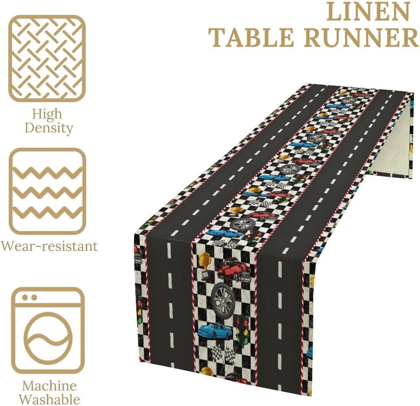 Race Car Table Runner,Checkered Flag Black and White Race Cars Pattern Print Tablecloth Burlap for Hotel Indoors Outdoor Dining Room Kitchen Home Decor,W13X L90 in