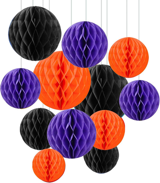 ZOOYOO 12Pcs 6" 10" Honeycomb Balls Decorations Hanging Tissue Paper Pom Poms for Halloween Graduations Birthday Wedding Fall Party Decorations(Orange Purple Black)