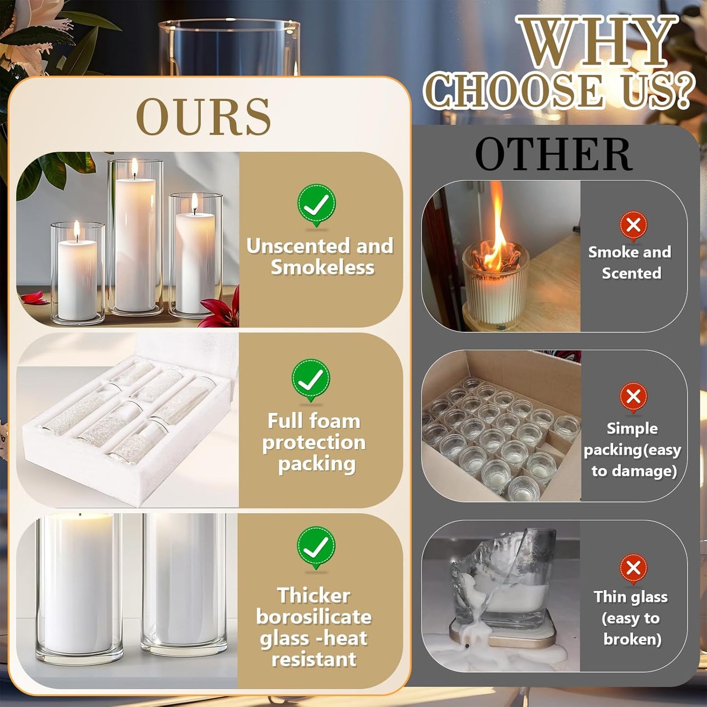 24 PCS Ivory White Pillar Candles with Glass Candle Holders Clear Hurricane Candle Holders Glass Cylinder Vases for Centerpieces Wedding Party, Event, Home Office (12 Candles+12 Candle Hoders)