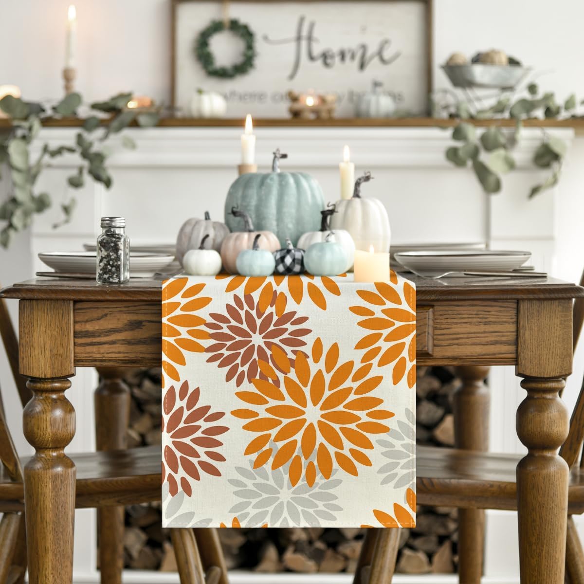 Artoid Mode Orange Dahlia Floral Pinnata Fall Table Runner, Seasonal Autumn Thanksgiving Kitchen Dining Table Decoration for Home Party Decor 13x72 Inch