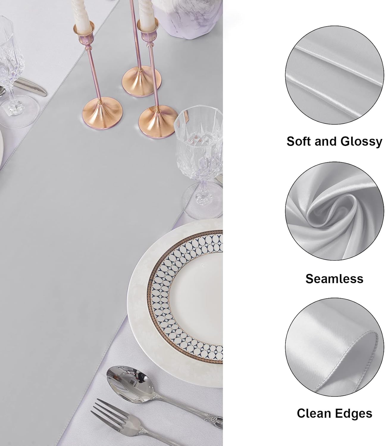 6Pack Table Runner 12 x 108 Inches Satin Silk Table Runner for Wedding, Birthday Party, Banquets, Graduations Decoration, fit Rectange and Round Table-Silver