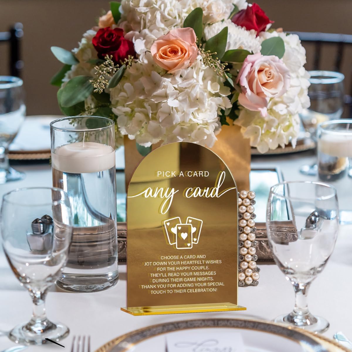Acrylic Wedding Sign, Bridal Shower Decorations, Pick A Card Sign for Ceremony, Modern Font Table Signs, Gold Mirror Arched Acrylic Tabletop Signs for Wedding Reception and Event Party