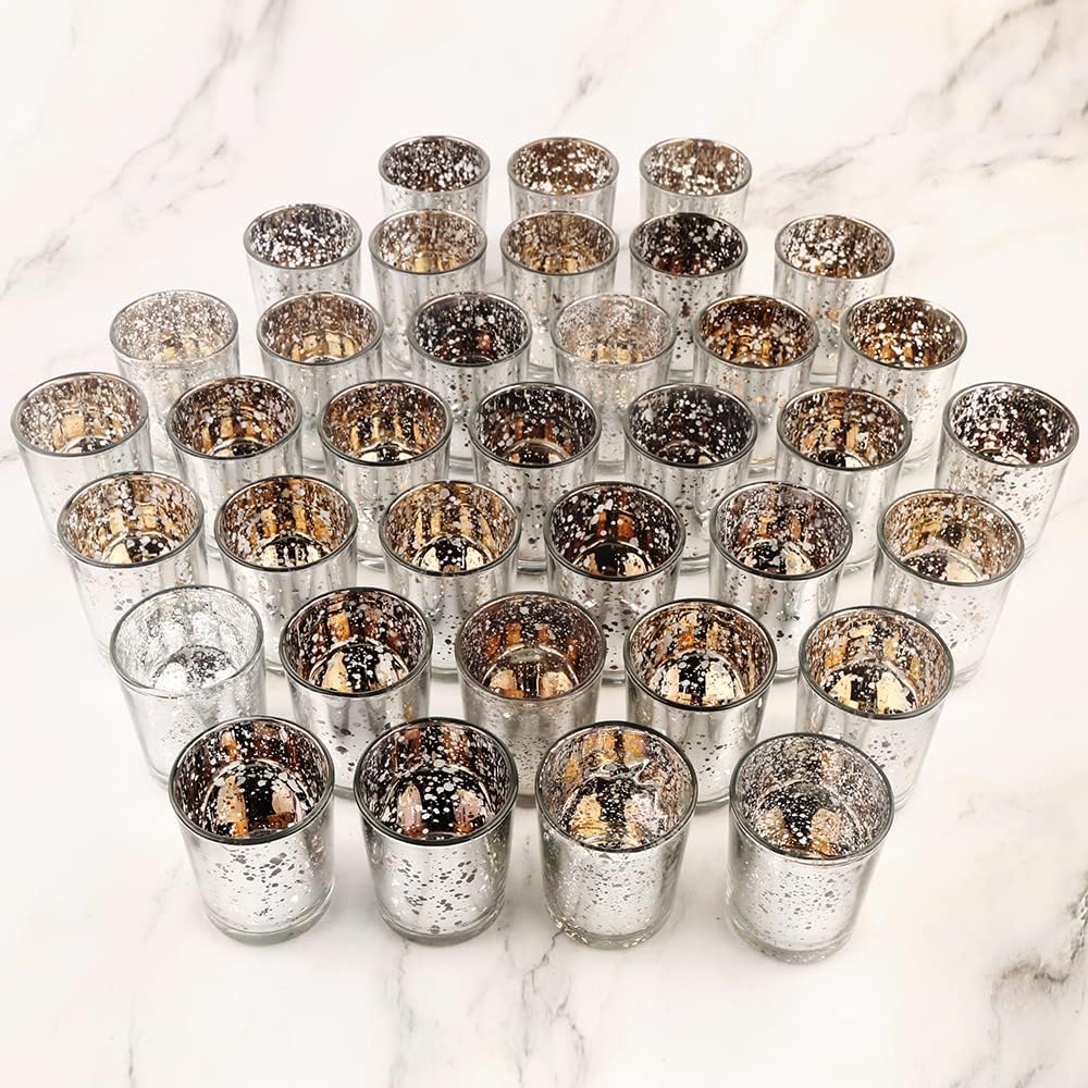 Silver Mercury Glass Tea Light Holders Set of 36 - Elegant Votive Candle Holders for Weddings, Showers and Home Decor - Perfect for Table Centerpieces and Parties (Glass, Silver)