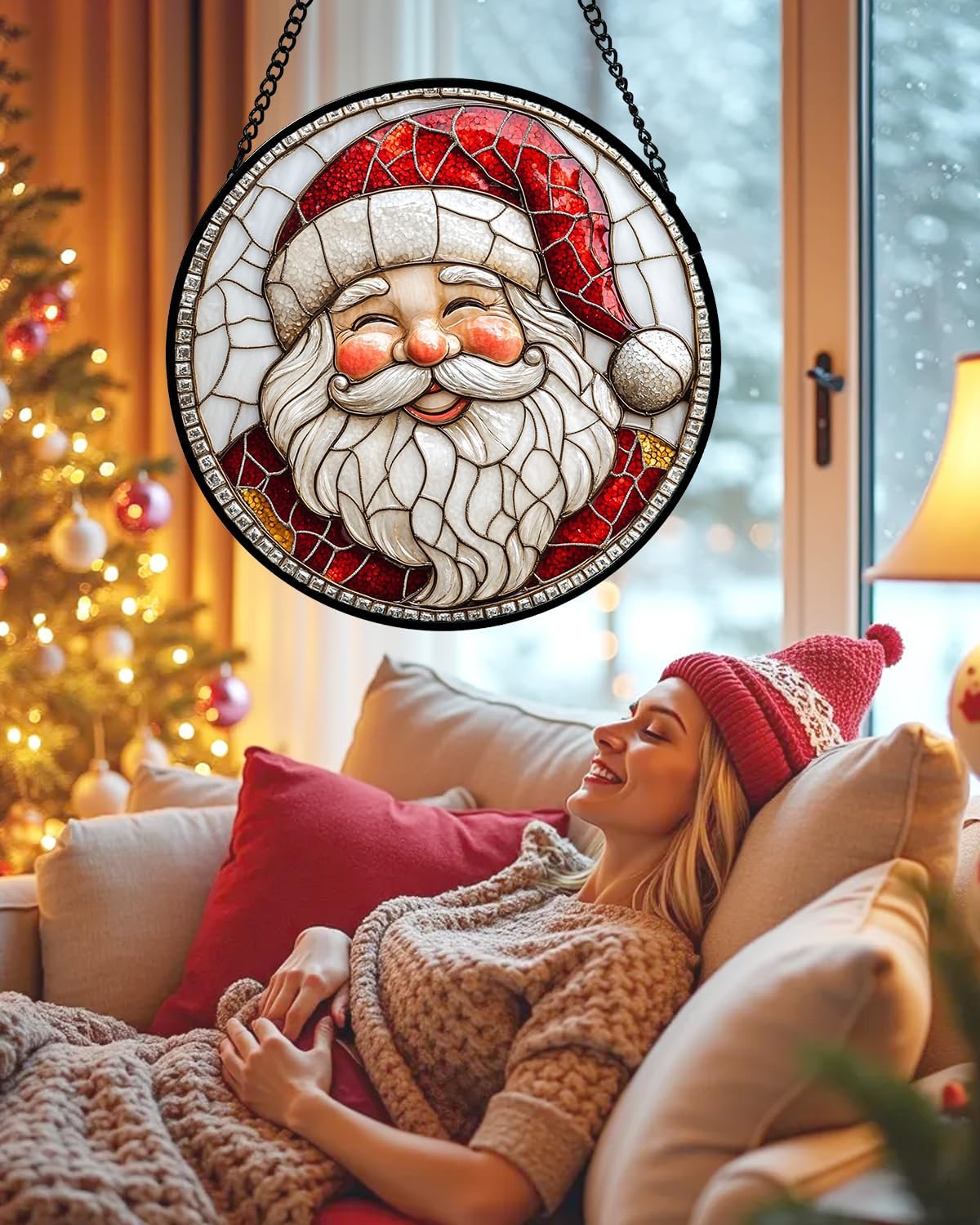 Stained Glass Window Hanging - Red White Santa Claus Suncatcher for Doors Home Christmas Decoration Winter Sun Catcher Thanksgiving New Year Birthday Gifts for Women Men Mom Nana Girl 9.8 in