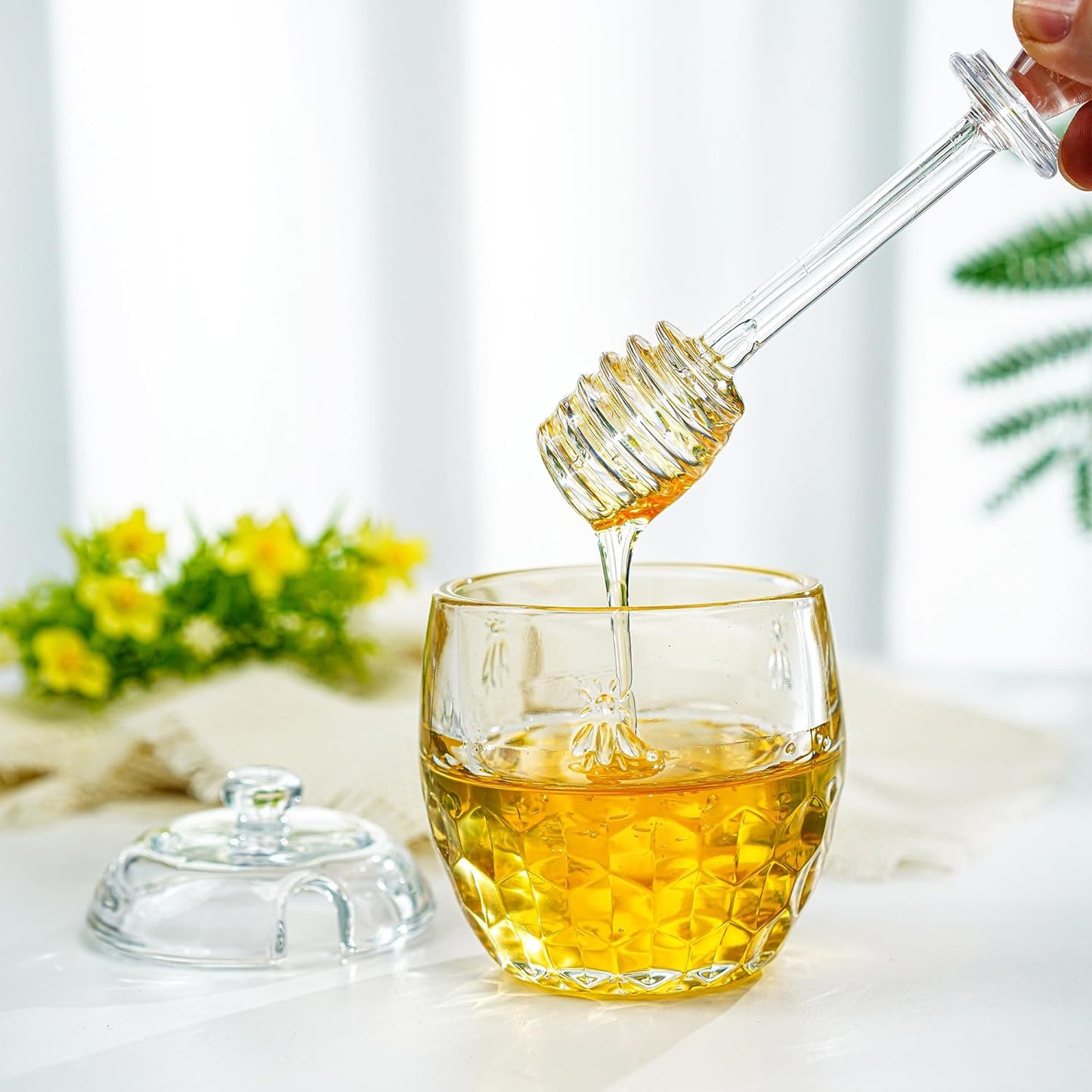 kanpura Honey Pot with Dipper and Lid Glass Honey Jar with Dipper Wide Mouth Honey Containers Airtight Syrup Honey Dispenser for Home Kitchen(7.5 OZ)