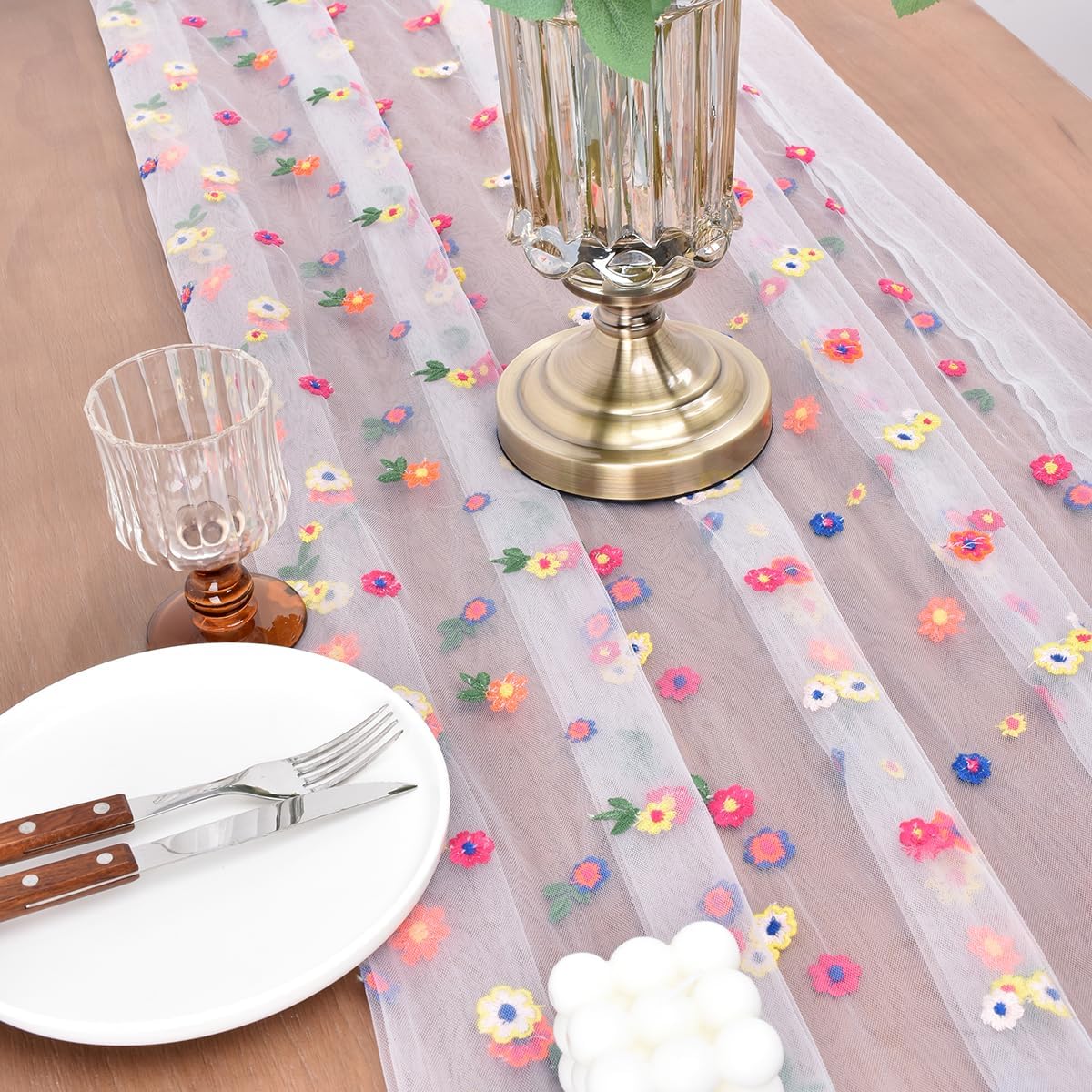 Joanlody Ivory Embroidery Daisy Fall Thanksgiving Table Runner 10ft Florals Seasonal Tulle Table Runner Holiday Kitchen Dining Table Decoration for Home Party Indoor