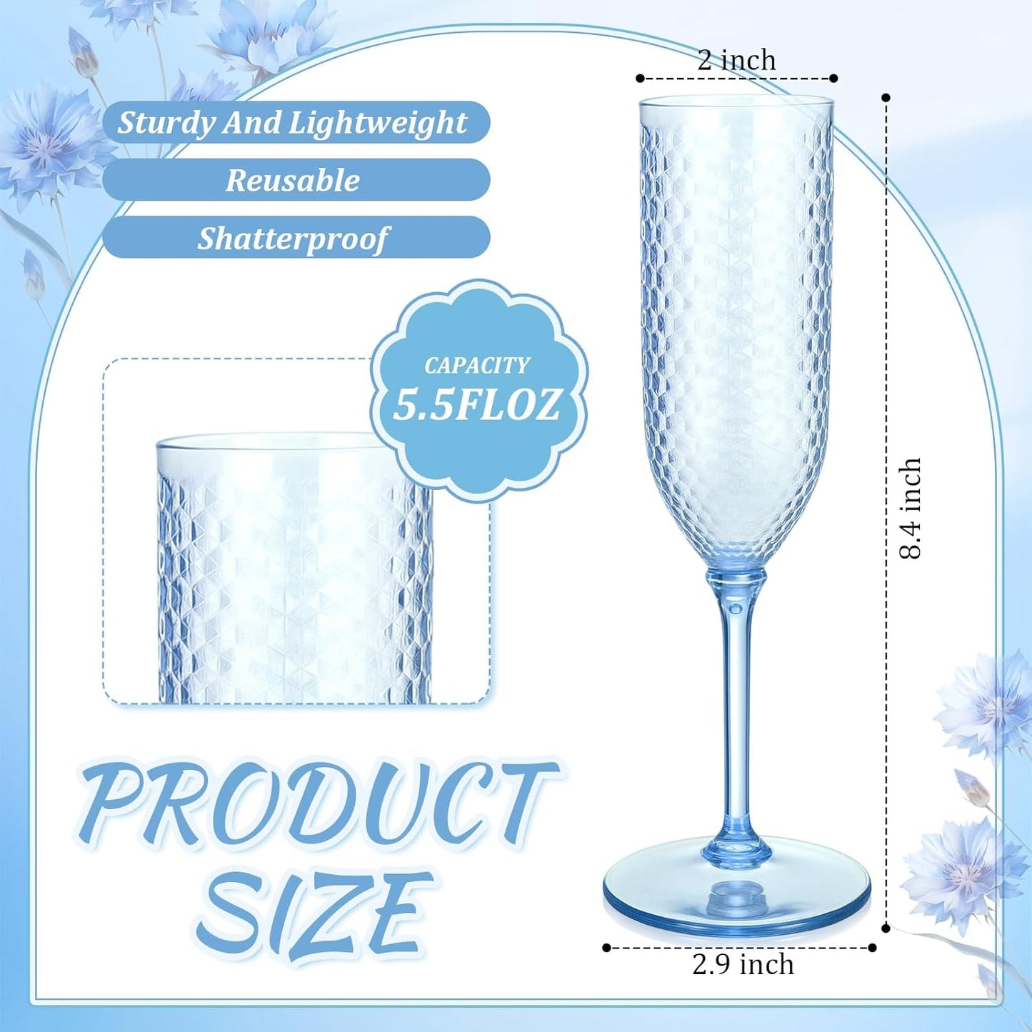 Remerry 48 Pack Detachable Plastic Champagne Flutes 5.5 oz Champagne Glasses Bulk Disposable Mimosa Glasses Reusable Wine Cups for Wedding Toasting Baby Shower Birthday Party New Years (Blue)
