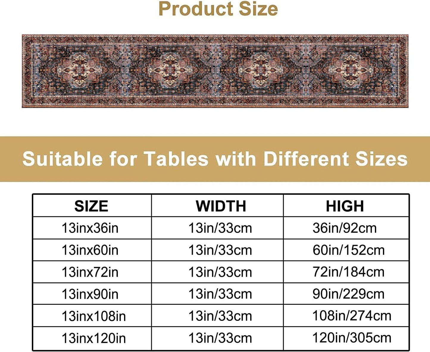 Vintage Boho Floral Table Runner, Rustic Country Farmhouse Black Bohemia Flower Pattern for Home Kitchen Table Decor Dining Coffee Room Party Decor 13x60in