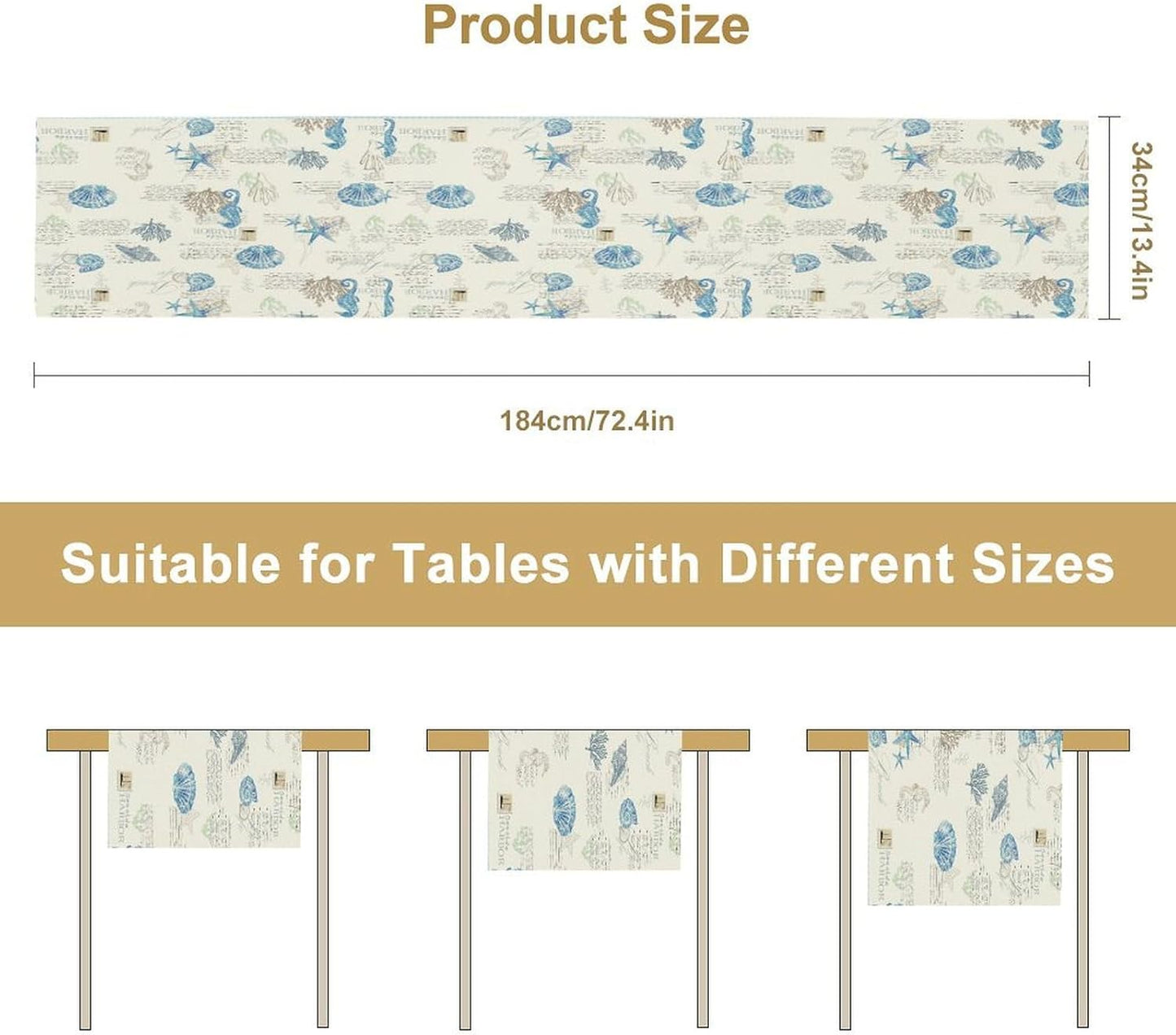 Starfish Table Runner,Vintage Nautical Seashell Tropical Beach Theme Coastal Ocean Sea Burlap for Hotel Indoors Outdoor Dining Room Kitchen Tablecloth, 13x70in