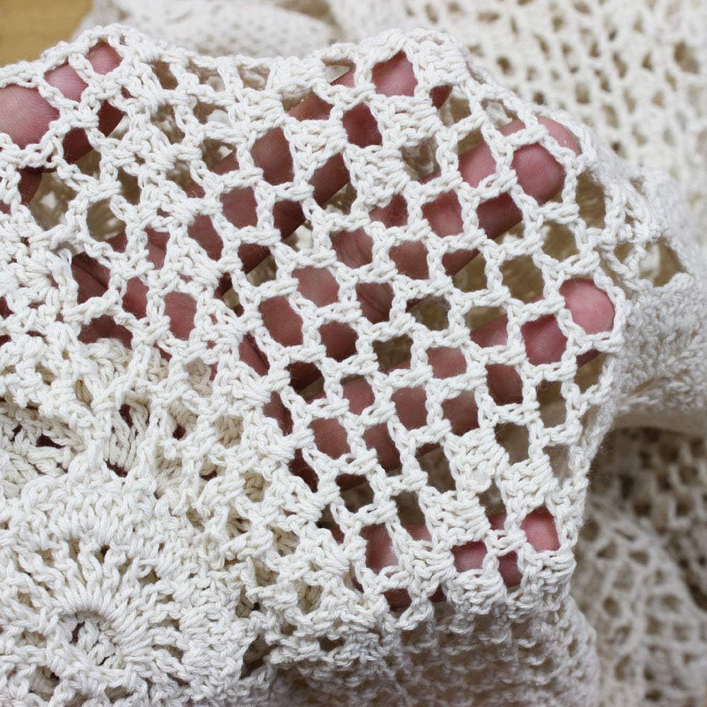 KEPSWET Cotton Handmade Crochet Lace Table Runner Beige Rectangle Coffee Table Dresser Decor (14x60 inch)