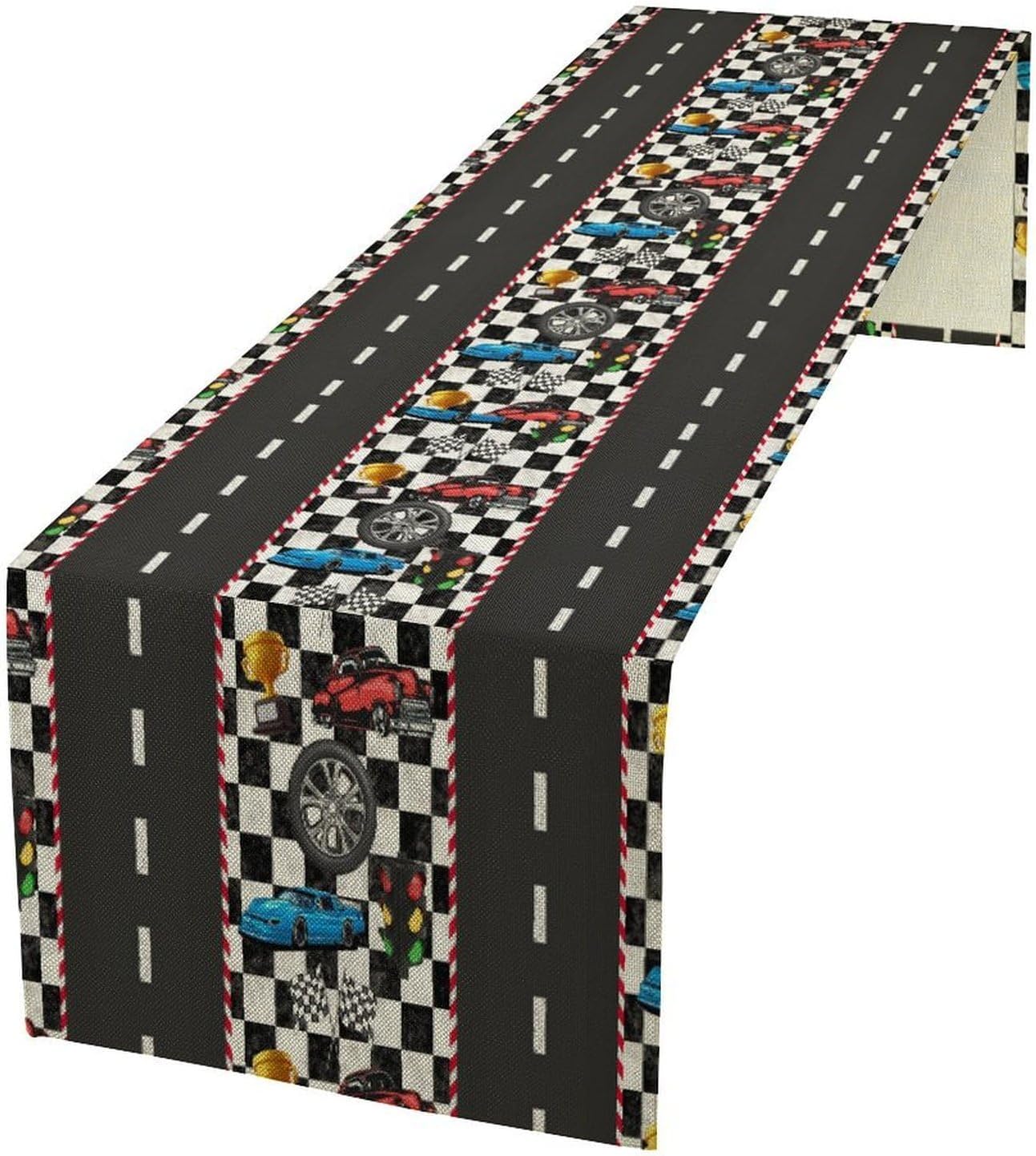 Race Car Table Runner,Checkered Flag Black and White Race Cars Pattern Print Tablecloth Burlap for Hotel Indoors Outdoor Dining Room Kitchen Home Decor,W13X L36 in