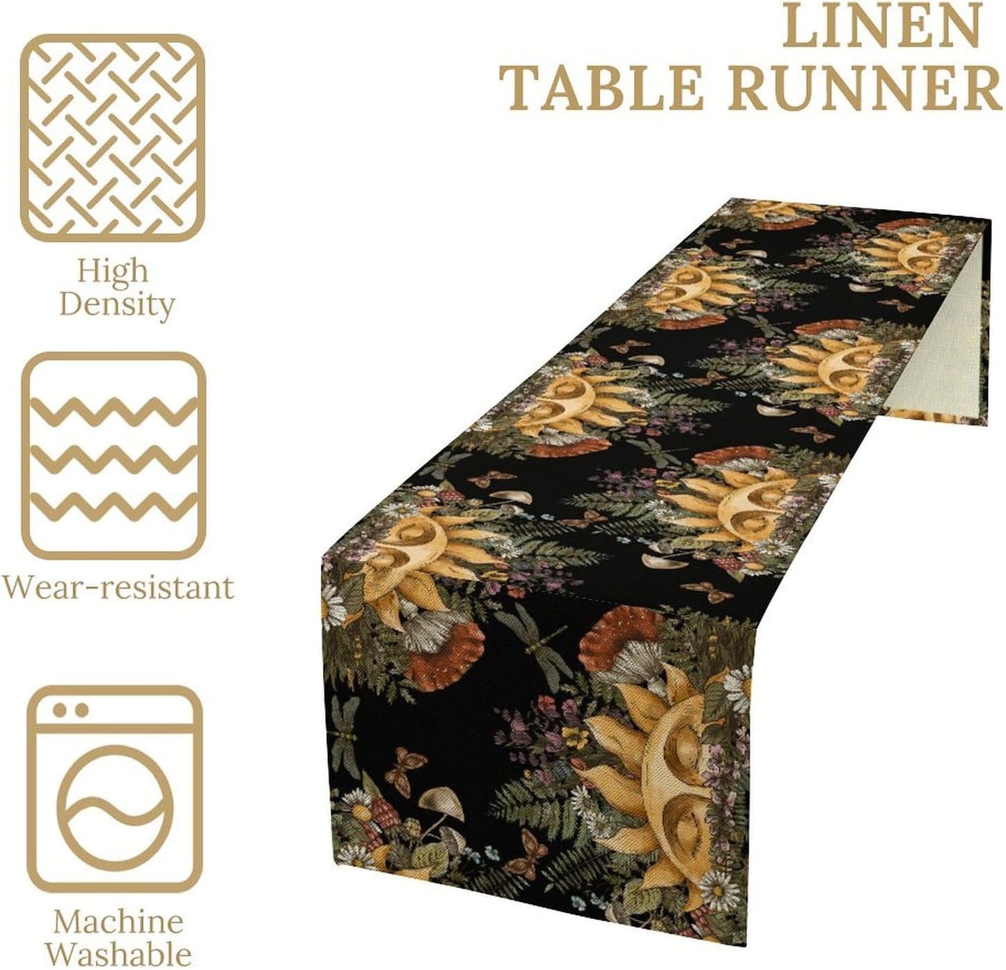Sun Moon Table Runner, Bohomian Mushroom Daisy Table Gothic Dragonly Butterfly Table Center Decor Table Runner for Indoor Outdoor Party Kitchen Dinner Black, 13x60 Inch