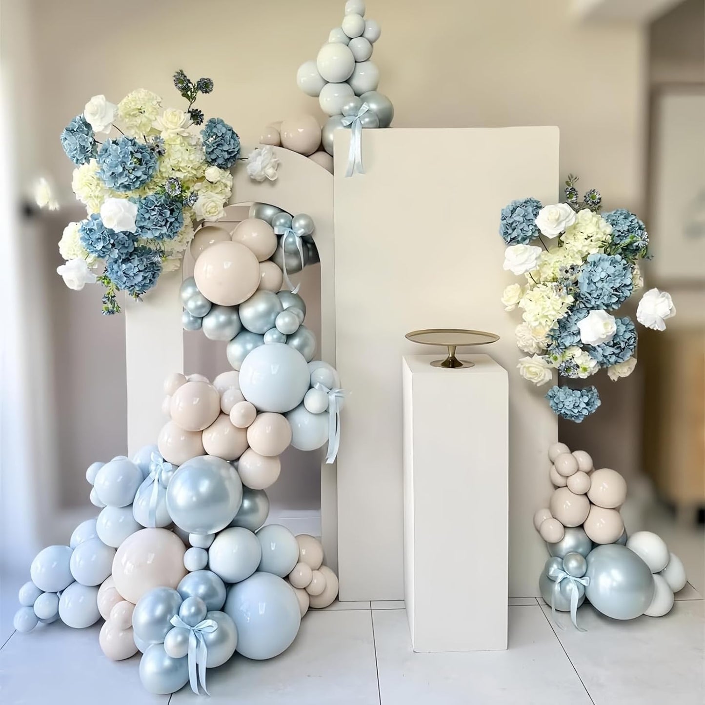 Dusty Blue and White Balloons, Double Stuffed Pearl Light Baby Metallic Chrome Slate Blue Pearl Sand White Balloons, 50pcs 12 Inch Latex Balloon for Baby Shower Birthday Bridal Shower Wedding Decor