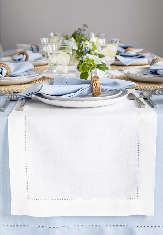 Solino Home Linen White Table Runner 60 Inches - Classic Hemstitch, 100% Pure Linen Coffee Table Runner 14 x 60 Inch Ideal for Dresser Tables - Fall, Halloween, Thanksgiving, Christmas, Holiday
