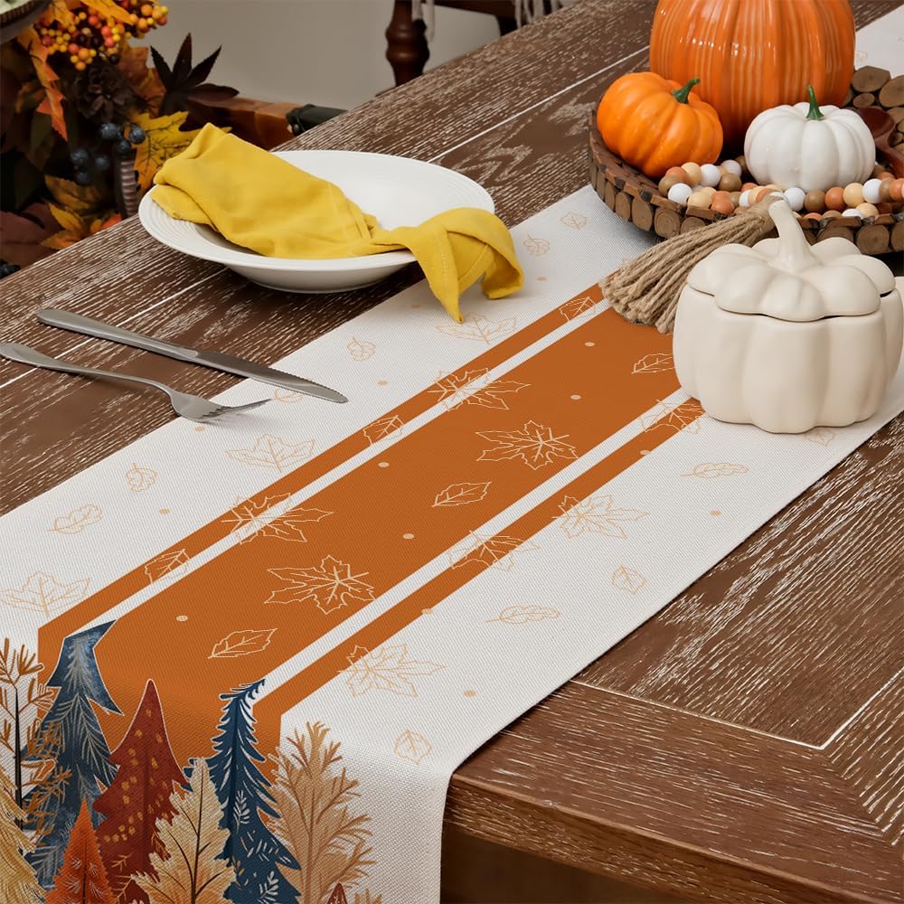 GEEORY Fall Watercolor Trees & Maple Leaves Striped Table Runner 13x120 Inch, Rustic Farmhouse Autumn Thanksgiving Decor for Kitchen, Dining, Indoor/Outdoor Holiday Dinner Party Orange GT157-120