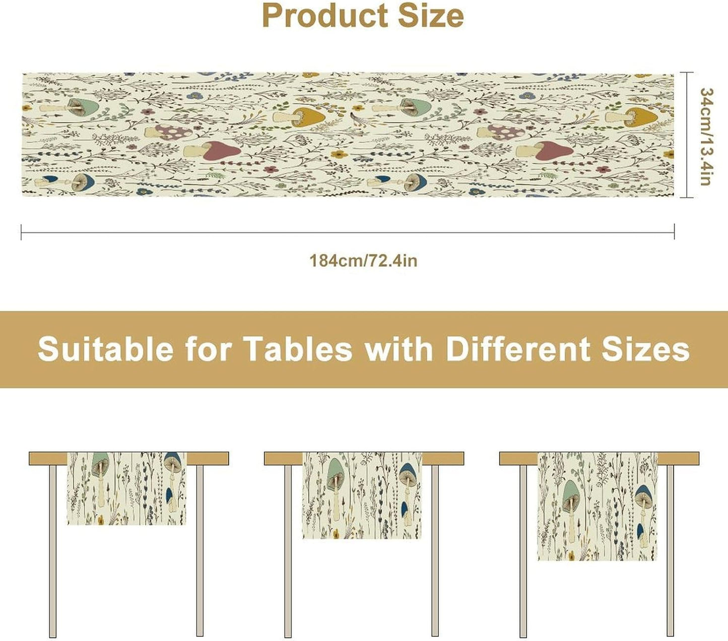 Mushroom Table Runner,Colorful Wild Plants and Fungus Botanical Plants Pattern Print Burlap for Hotel Indoors Outdoor Dining Room Kitchen Holiday Party, 13x108in