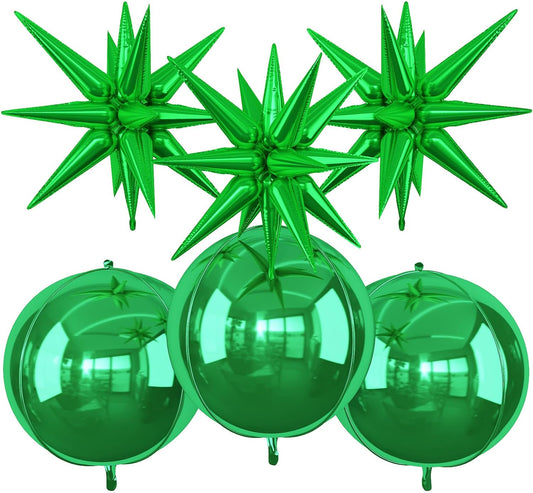6Pcs Green Foil Balloons,22Inch Dark Green 4D Round Ball Balloon and Explosion Star Balloon for Halloween Birthday Wedding Baby Shower Anniversary Party Decorations