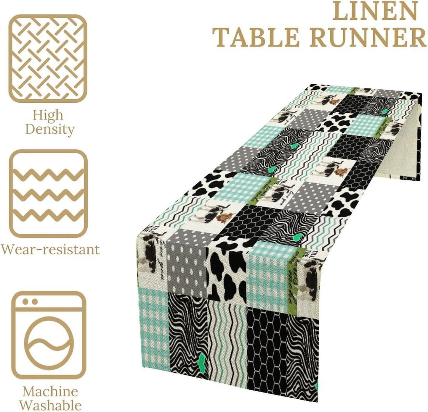 Cute Cow Print Table Runner,Farm Animals Honeycomb Plaid Stripes Cowhide Pattern Tablecloth Burlap for Hotel Indoors Outdoor Dining Room Kitchen Table Decor, 13x36in