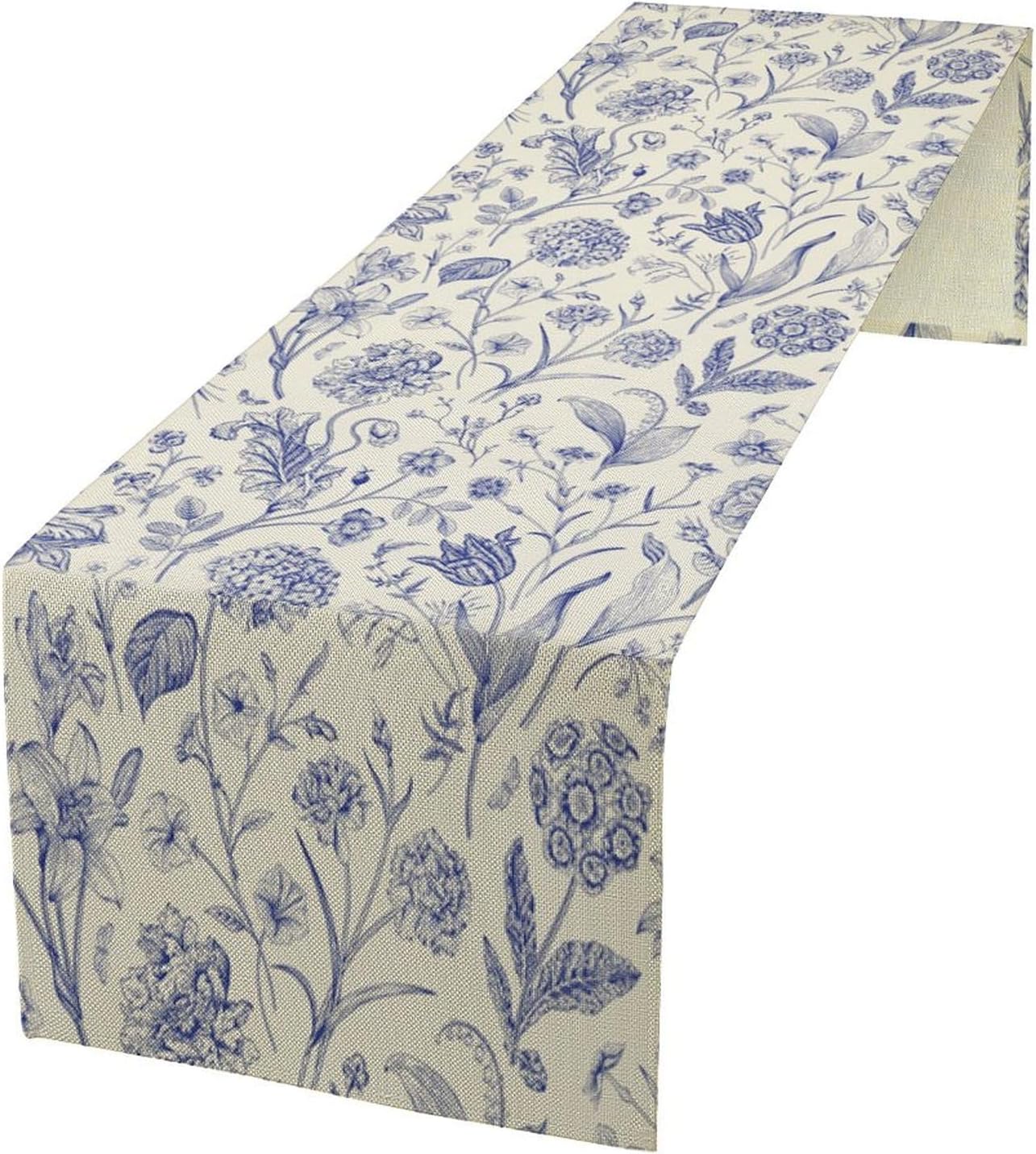 Monochrome Sketch Flowers Table Runner, Seasonal Spring Fall Plants Blue Florals Dinner Runner for Home Kitchen Dining Table Party Holiday Decoration 13"x120"