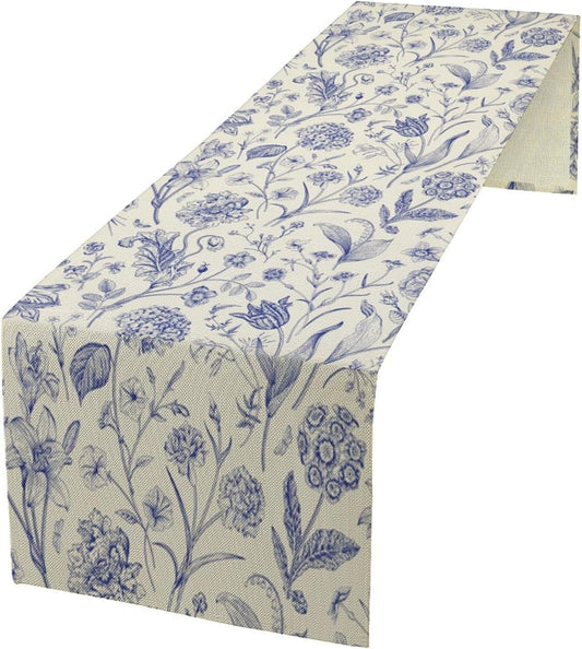 Monochrome Sketch Flowers Table Runner, Seasonal Spring Fall Plants Blue Florals Dinner Runner for Home Kitchen Dining Table Party Holiday Decoration 13"x120"