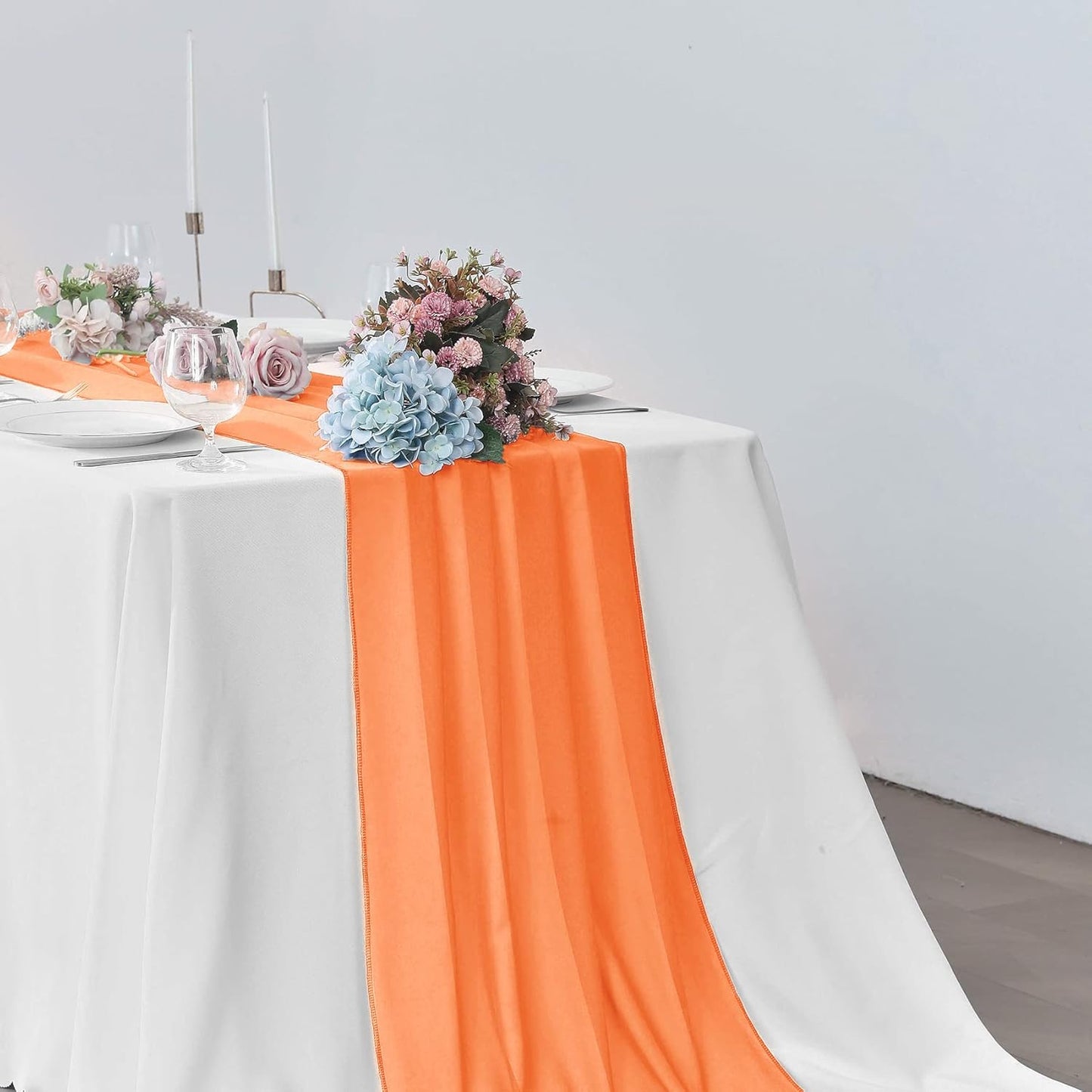 5 Pack 10Ft Chiffon Orange Table Runner Sheer 29x120 Inch for Romantic Wedding Decor Bridal & Baby Shower Birthday Rustic Party Decoration