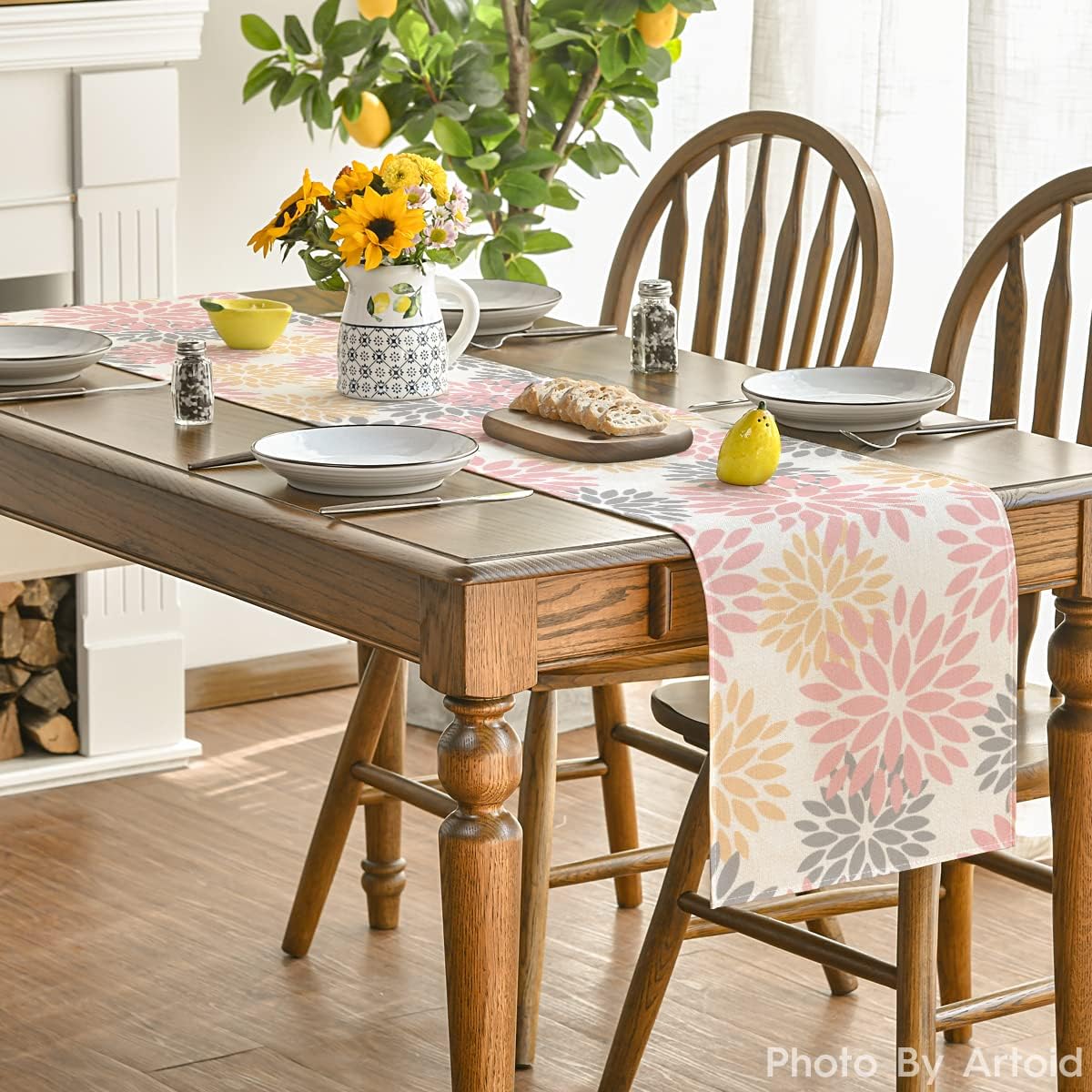 Artoid Mode Pink Dahlia Floral Pinnata Summer Table Runner, Spring Kitchen Dining Table Decoration for Home Party Decor 13x36 Inch