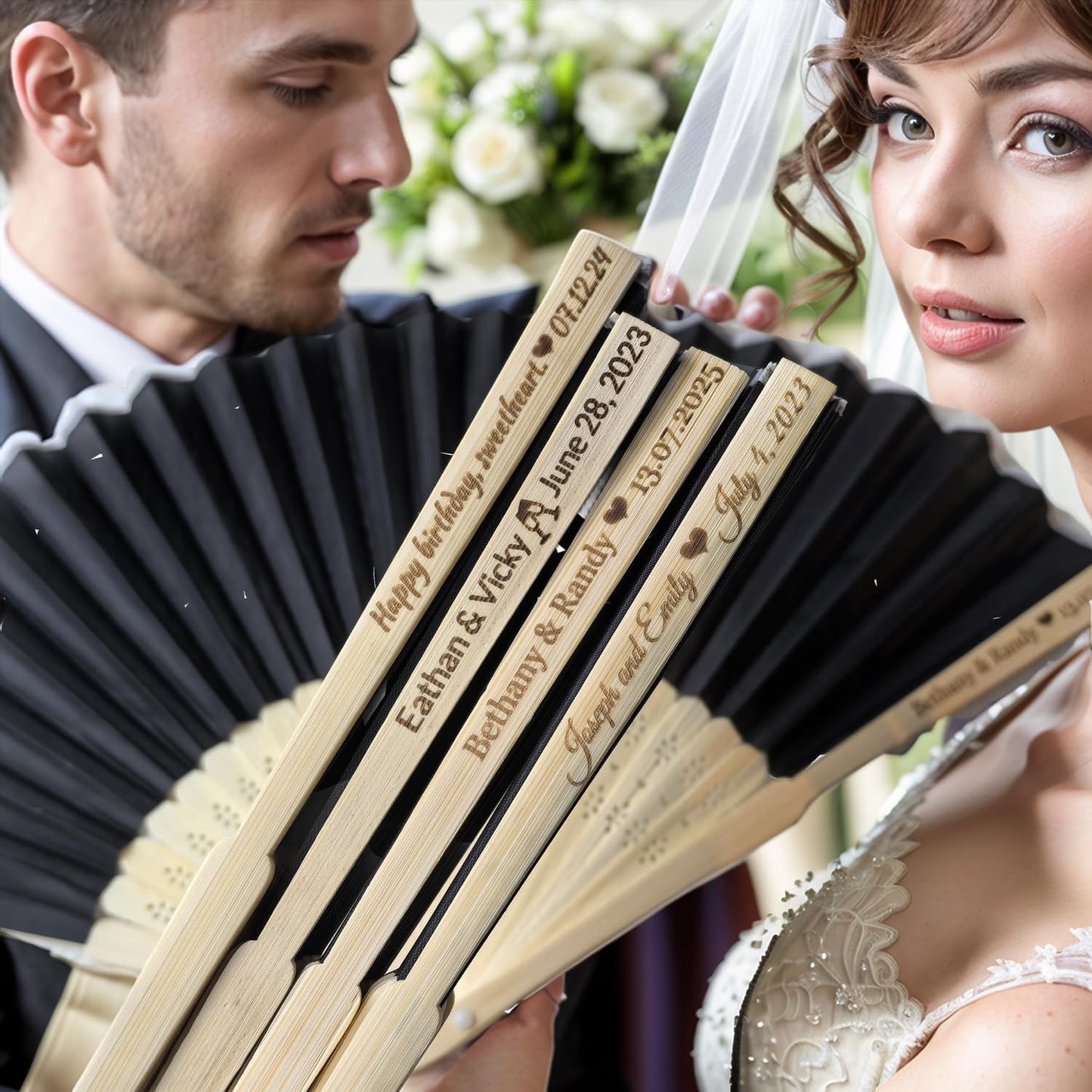 100Pcs Personalized Silk Fans Folding Hand Fan, Custom Wedding Bridal Party Favors, Summer Wedding Bride, Wedding Gift, Thank You Gift (Black)