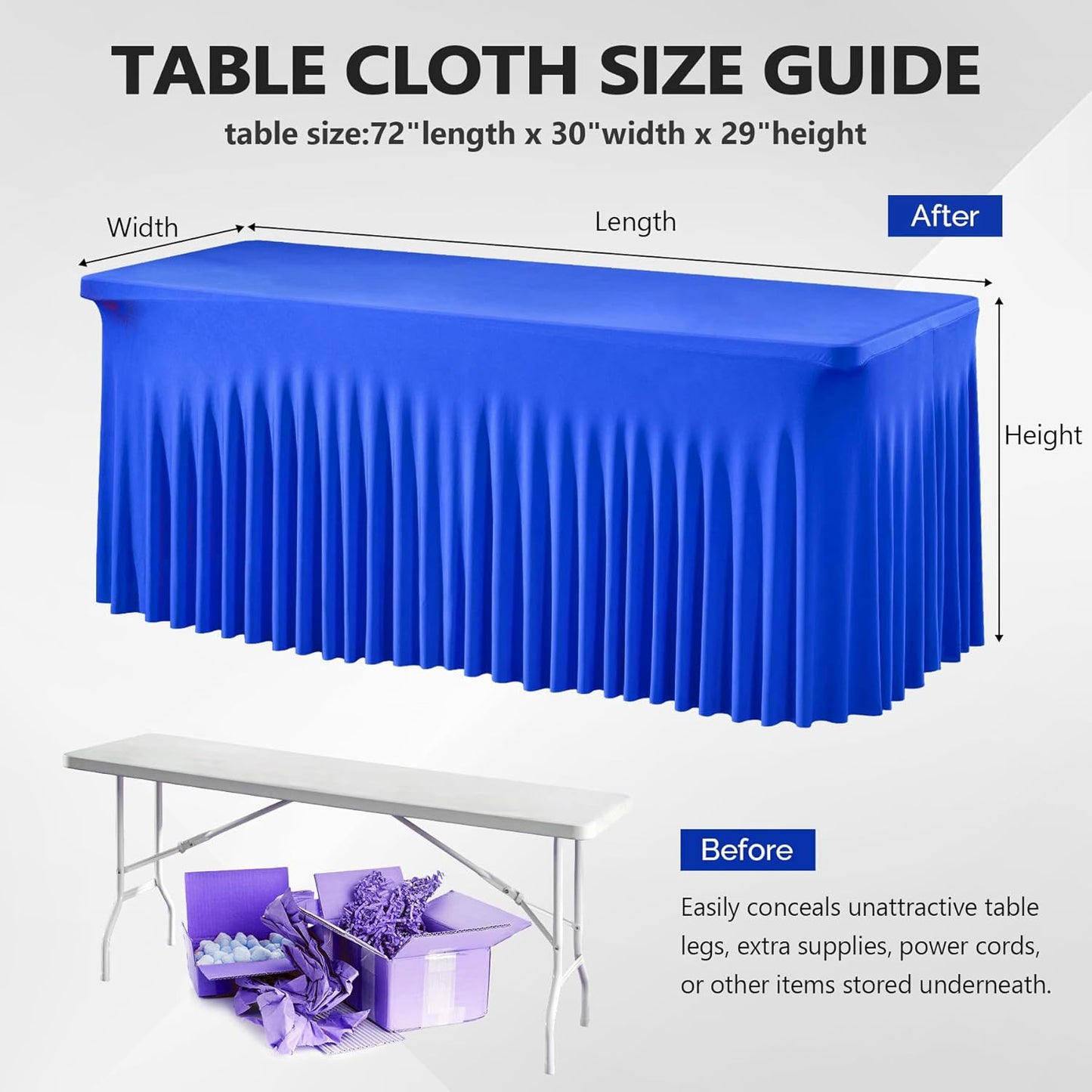 Wish Care 6 Pack Royal Blue Spandex Table Clothes for 6 Foot Rectangle Tables, 6FT Wrinkle Free Fitted Tablecloths Ruffles Design Table Cloth for Party, Banquet, Wedding and Events