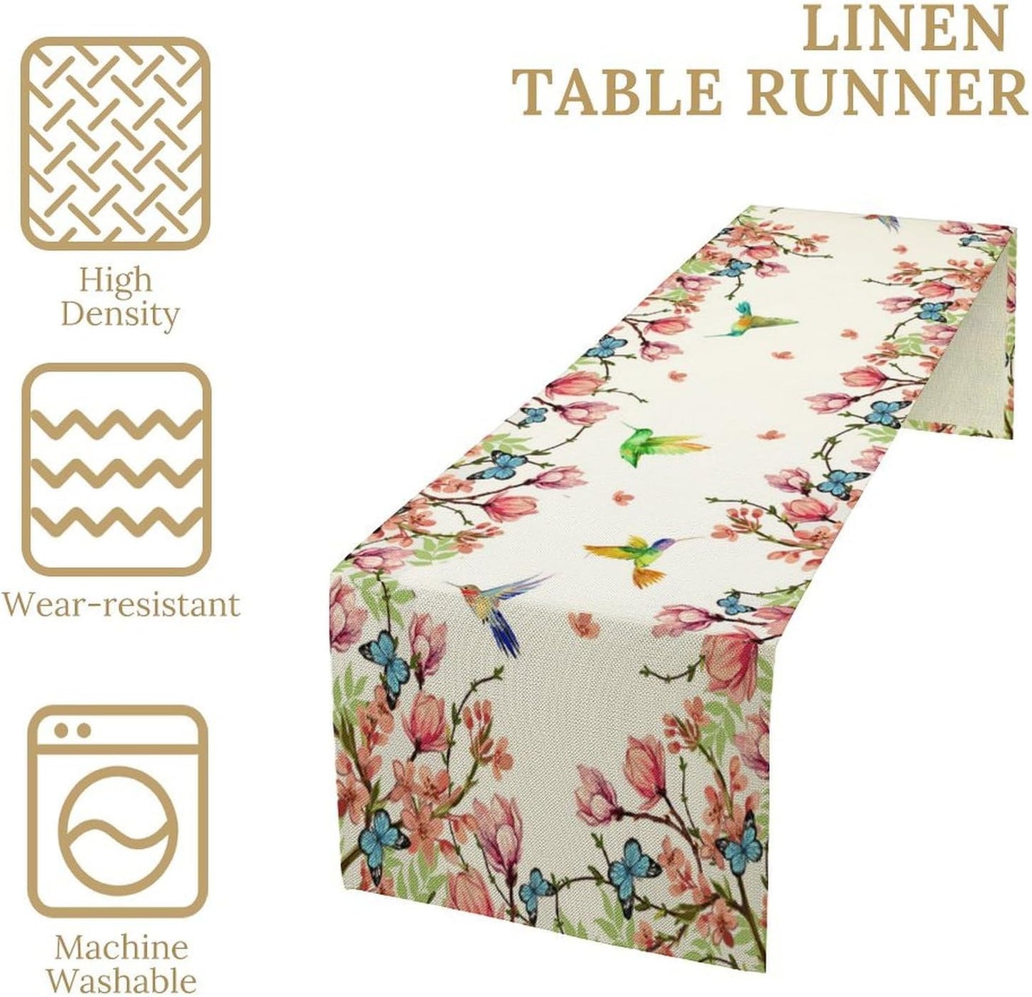 Vintage Watercolor Flower Hummingbird Table Runner Seasonal Spring Garden Plants Birds Florals Farmhouse Country Kitchen Dinner Runner Dining Table Decoration 13"x36"