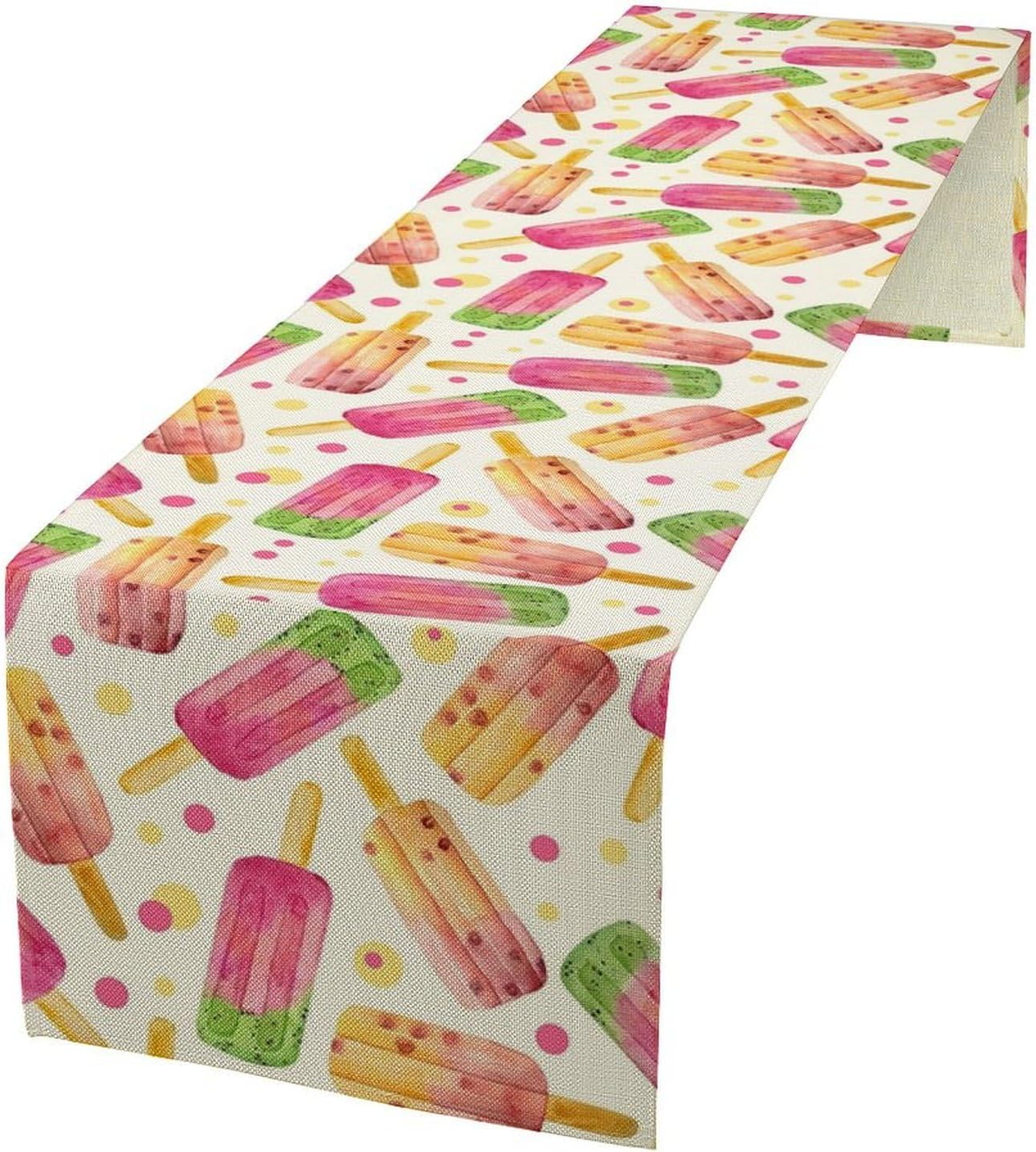 Ice Cream Popsicles Table Runner, Watercolor Summer Seasonal Fruit Peach Kiwi Berry Popsicles Orange Pink Sweet Dessert Dinner Runner for Party Holiday Home Kitchen Dining Table Decor 13"x36"