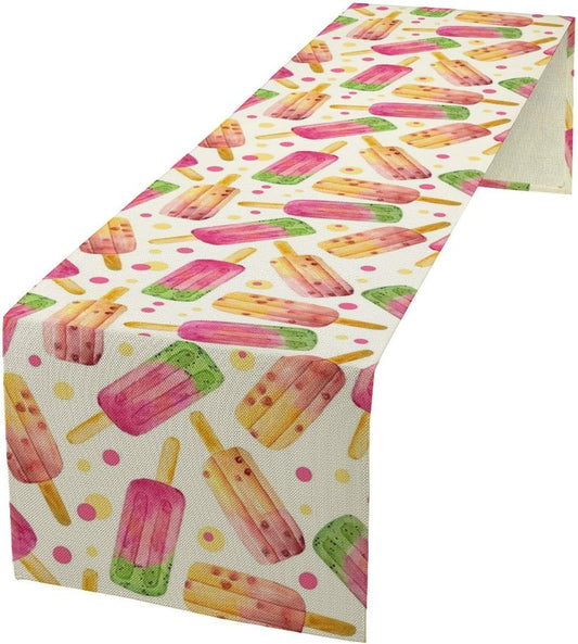 Ice Cream Popsicles Table Runner, Watercolor Summer Seasonal Fruit Peach Kiwi Berry Popsicles Orange Pink Sweet Dessert Dinner Runner for Party Holiday Home Kitchen Dining Table Decor 13"x36"