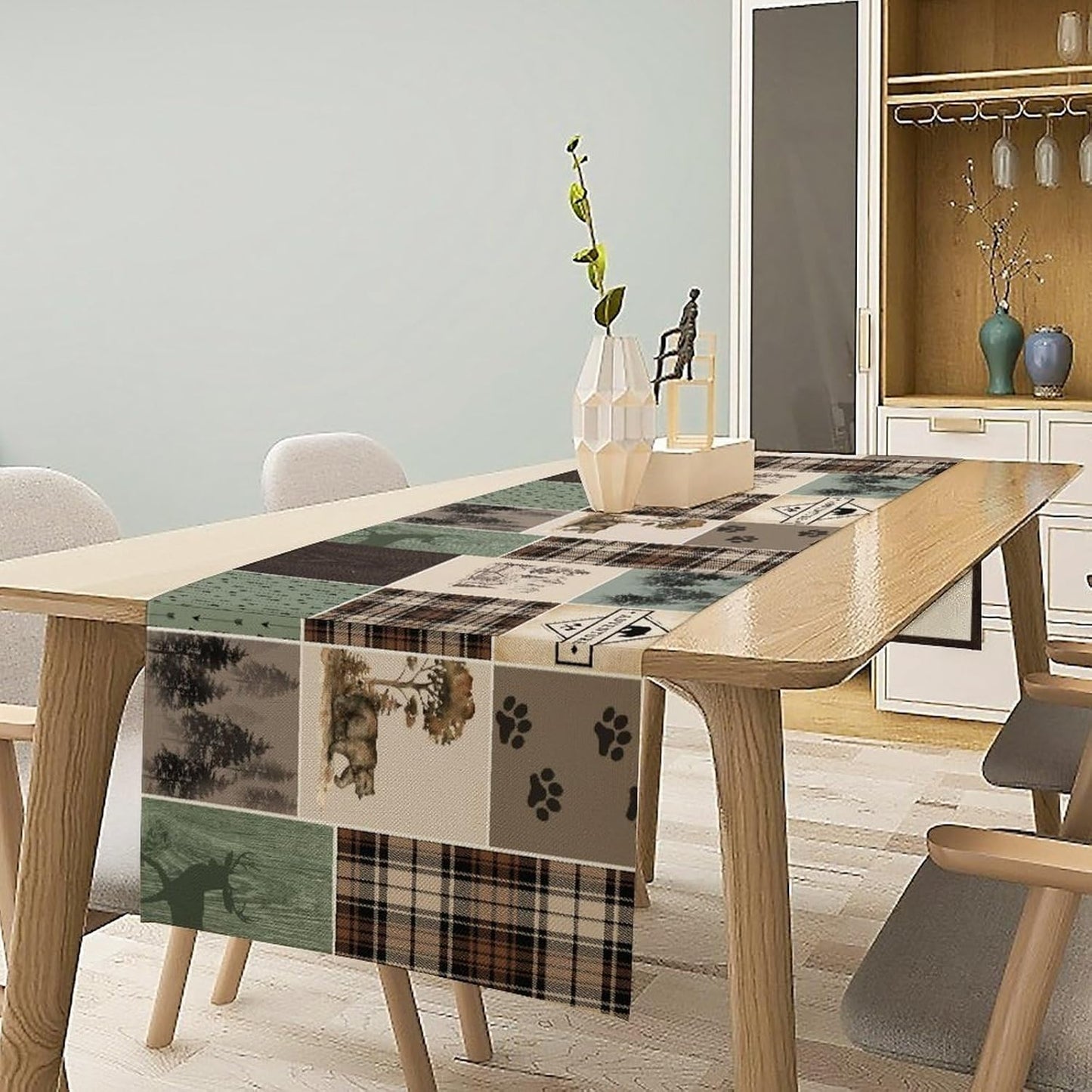 Bear Deer Table Runner,Rustic Lodge Retro Country Farmhouse Buffalo Plaid Print Tablecloth Burlap for Hotel Indoors Outdoor Dining Room Kitchen Home Decor,W13X L80 in