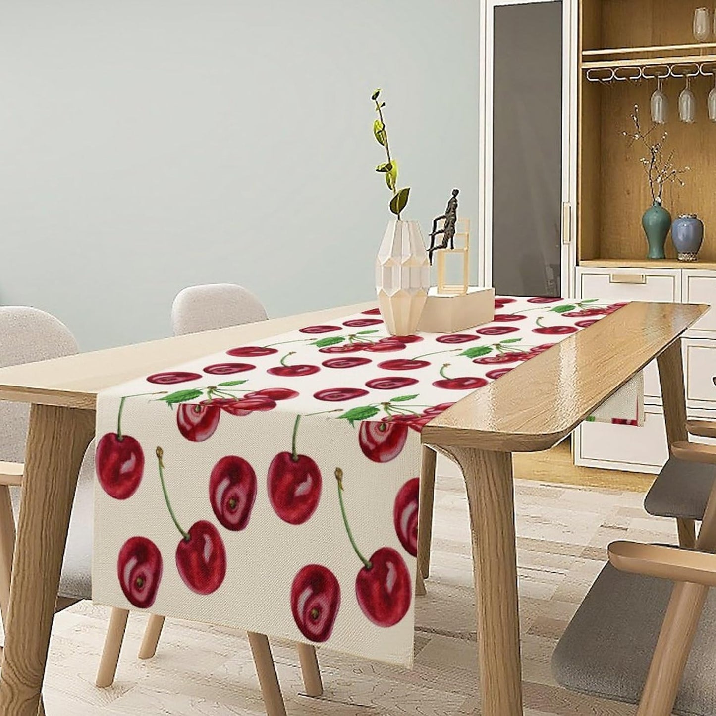 Red Cherry Table Runner Watercolor Tropical Fruit Spring Summer Wild Berry Dinner Runner for Girl Baby Shower Party Holiday Home Kitchen Dining Table Decor 13x70