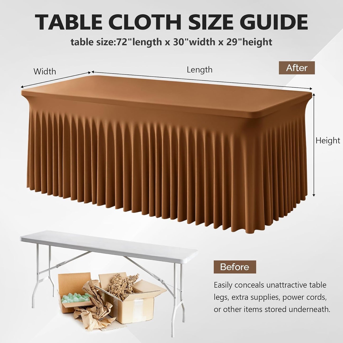 Wish Care 6 Pack Brown Spandex Table Clothes for 6 Foot Rectangle Tables, 6FT Wrinkle Free Fitted Tablecloths Ruffles Design Table Cover for Party, Banquet, Wedding and Events