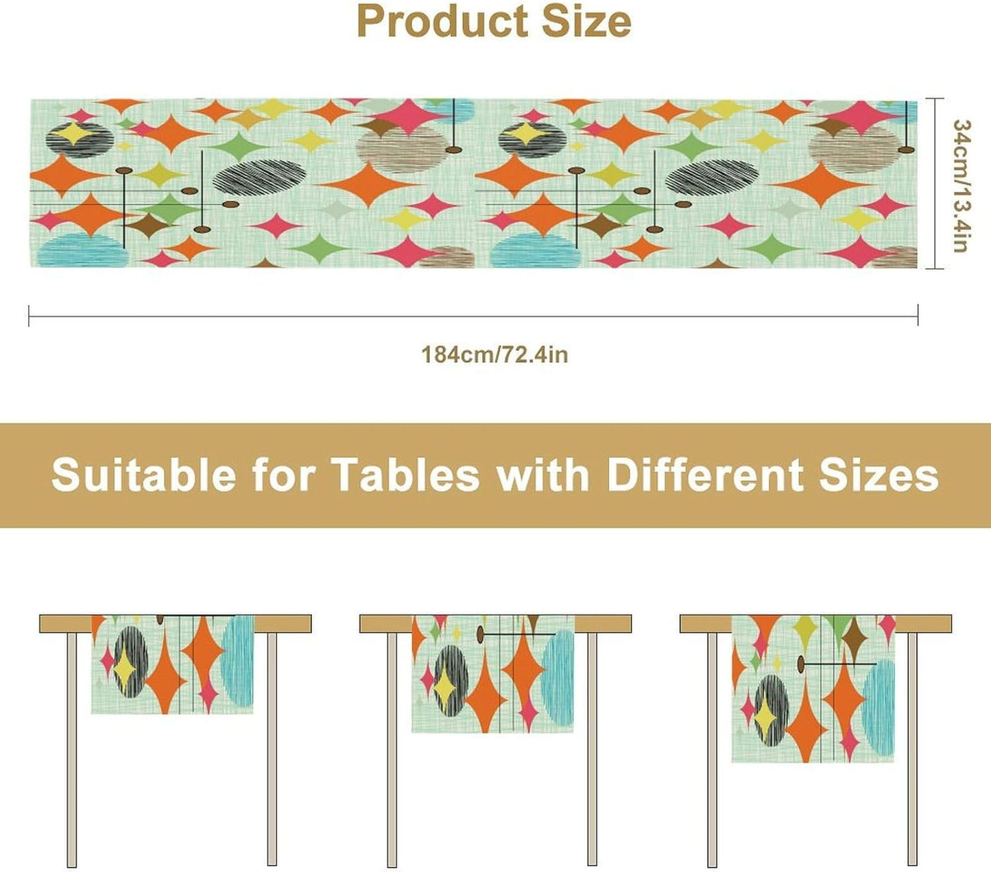 Mid Century Table Runner,Abstract Retro Modern Geometric Colorful Stripe Pattern Print Tablecloth Burlap for Hotel Indoors Outdoor Dining Room Kitchen Holiday Party, 13x80in