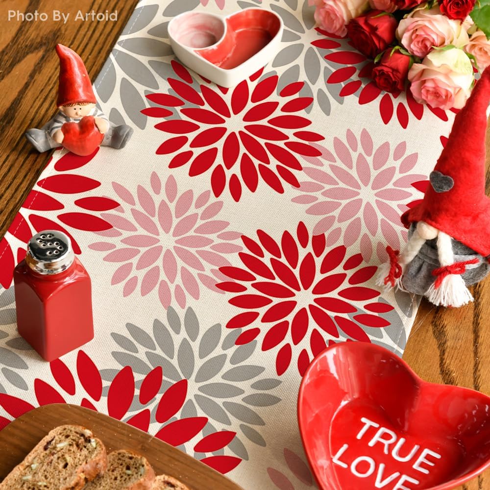 Artoid Mode Red Pink Dahlia Floral Pinnata Christmas Table Runner, Valentine Summer Kitchen Dining Table Decoration for Home Party Decor 13x36 Inch