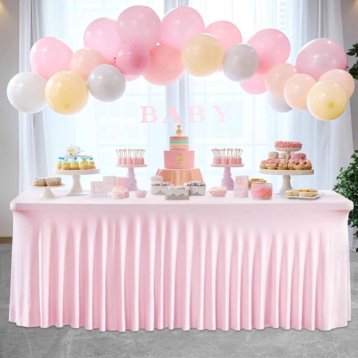 Wish Care 2 Pack Pink Spandex Table Clothes for 8 Foot Rectangle Tables, 8FT Wrinkle Free Fitted Tablecloths Ruffles Design Table Cover for Party, Banquet, Wedding and Events