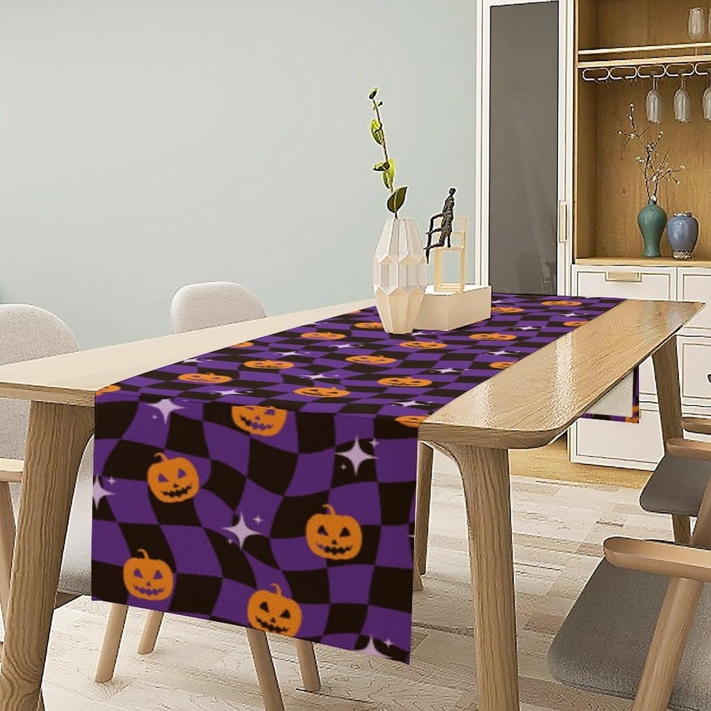 Halloween Table Runner,Purple Checkered Pumpkin Table Runner for Kitchen Dining Table Decoration Home Party Decor 13x108 Inch