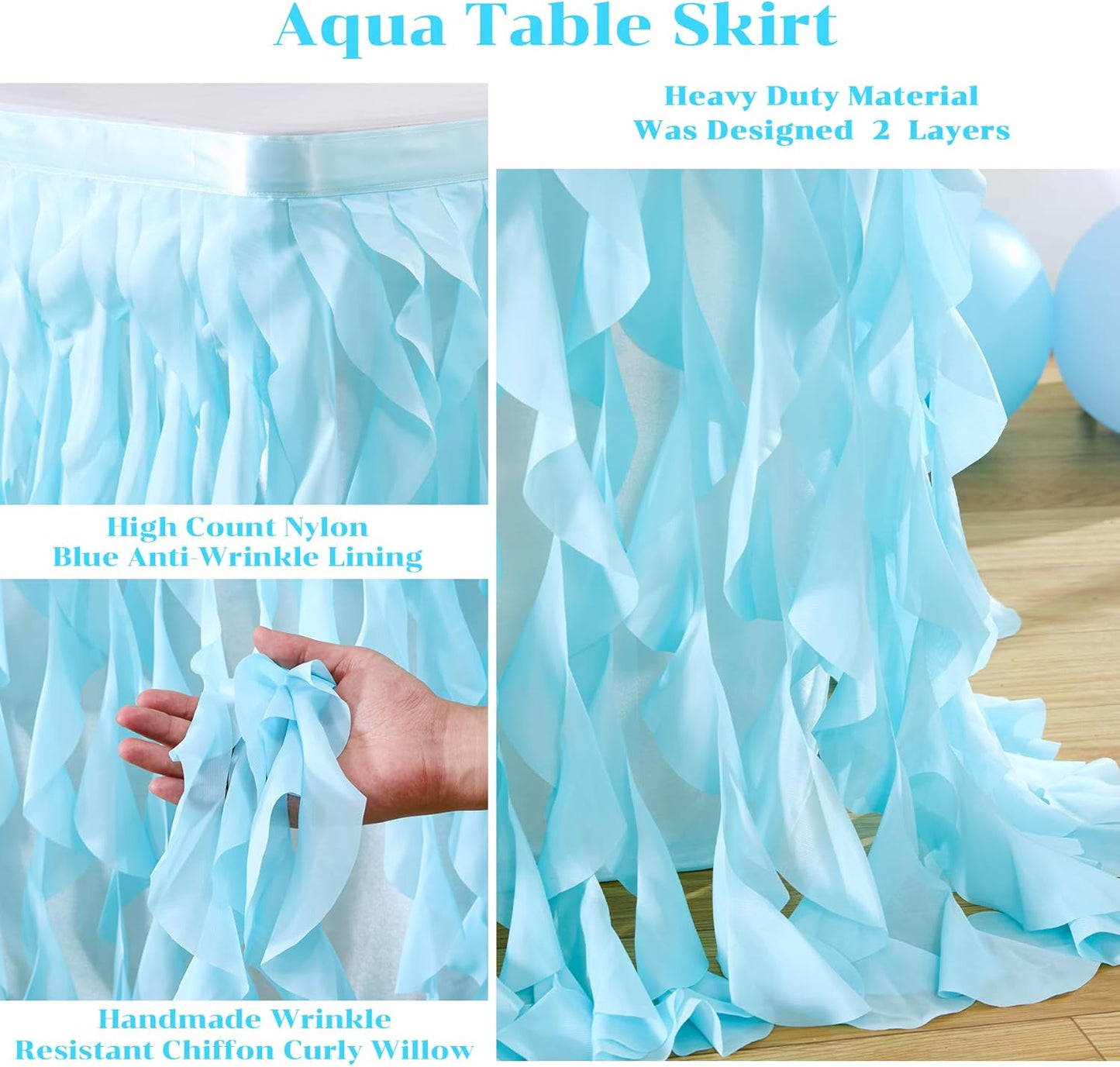 Partisky Aqua Blue Tulle Curly Willow Table Skirt for Rectangle Table 14ft, Ruffle Tutu Table Cloth for Boys Baby Shower,Birthday Party Candy Cake Tables