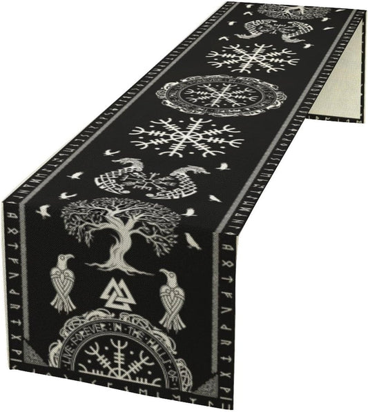 Ancient Abstract Pattern Table Runner, Tree of Life Eagle Dragon Boat Rudder Black and White Table Runner for Party Kitchen Dinner Cafe Bedroom Living Room Table Runner 13x120 Inch
