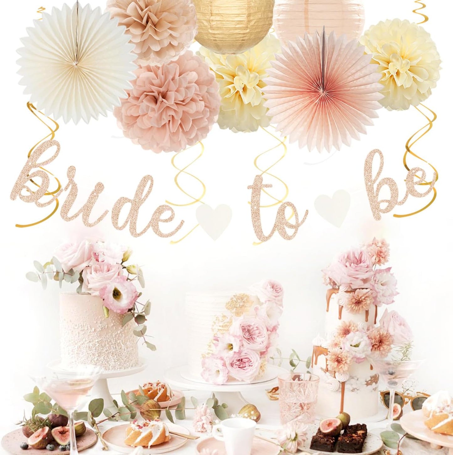 Champagne-Gold Beige Fall Bridal-Shower Party-Decorations - 36pcs Bride To Be Banner,Bachelorette Paper Lanterns,Wedding Streamers Garland,Boho Peach Tissue Pom Poms Flower Fan Decor Supplies Burgleda