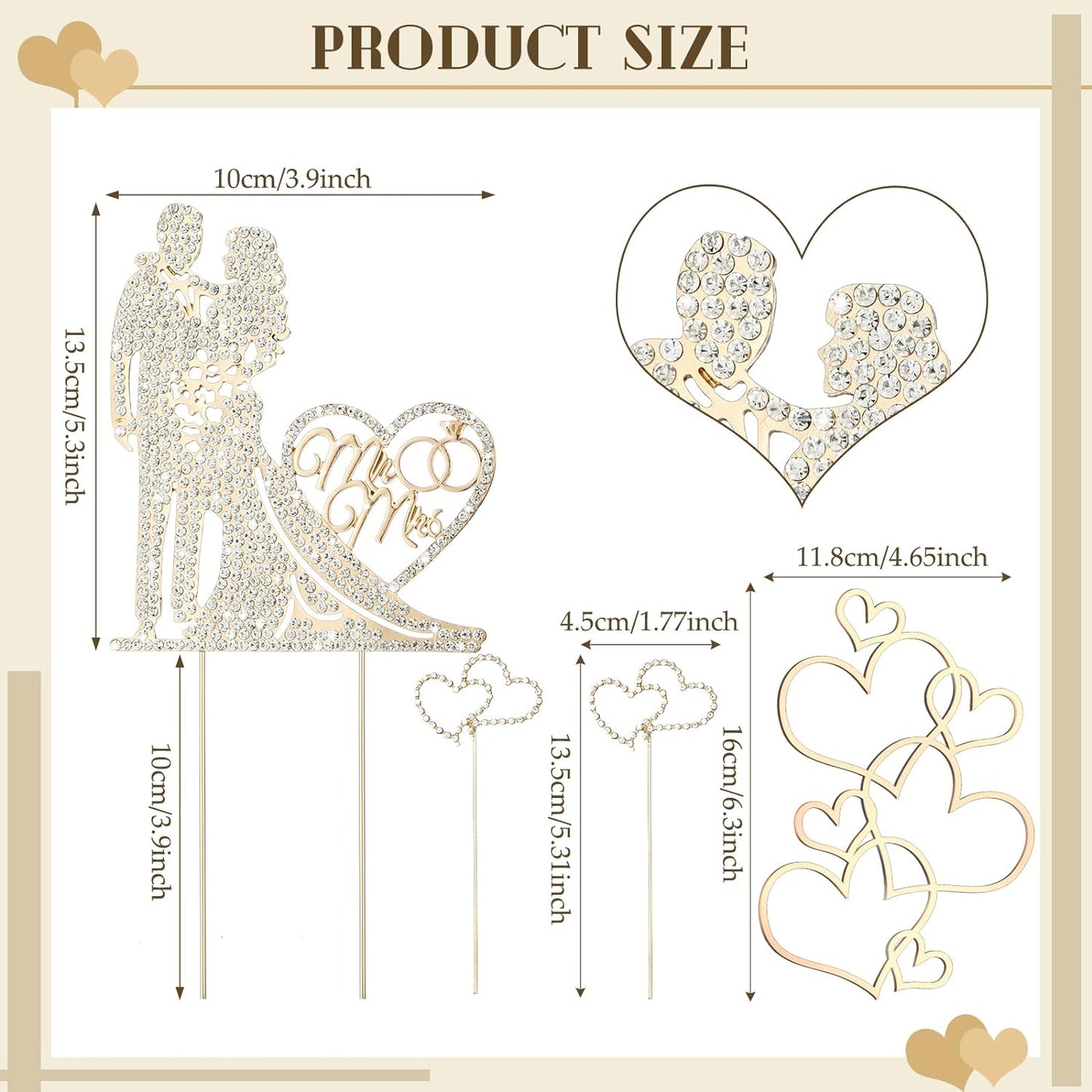 Spiareal 4 Pcs Wedding Cake Topper Mr and Mrs Rhinestone Bride and Groom Love Cake Topper Metal Crystal Heart Shaped Happy Engagement Anniversary Funny Diamond Party Decor for Bridal Shower(Gold)
